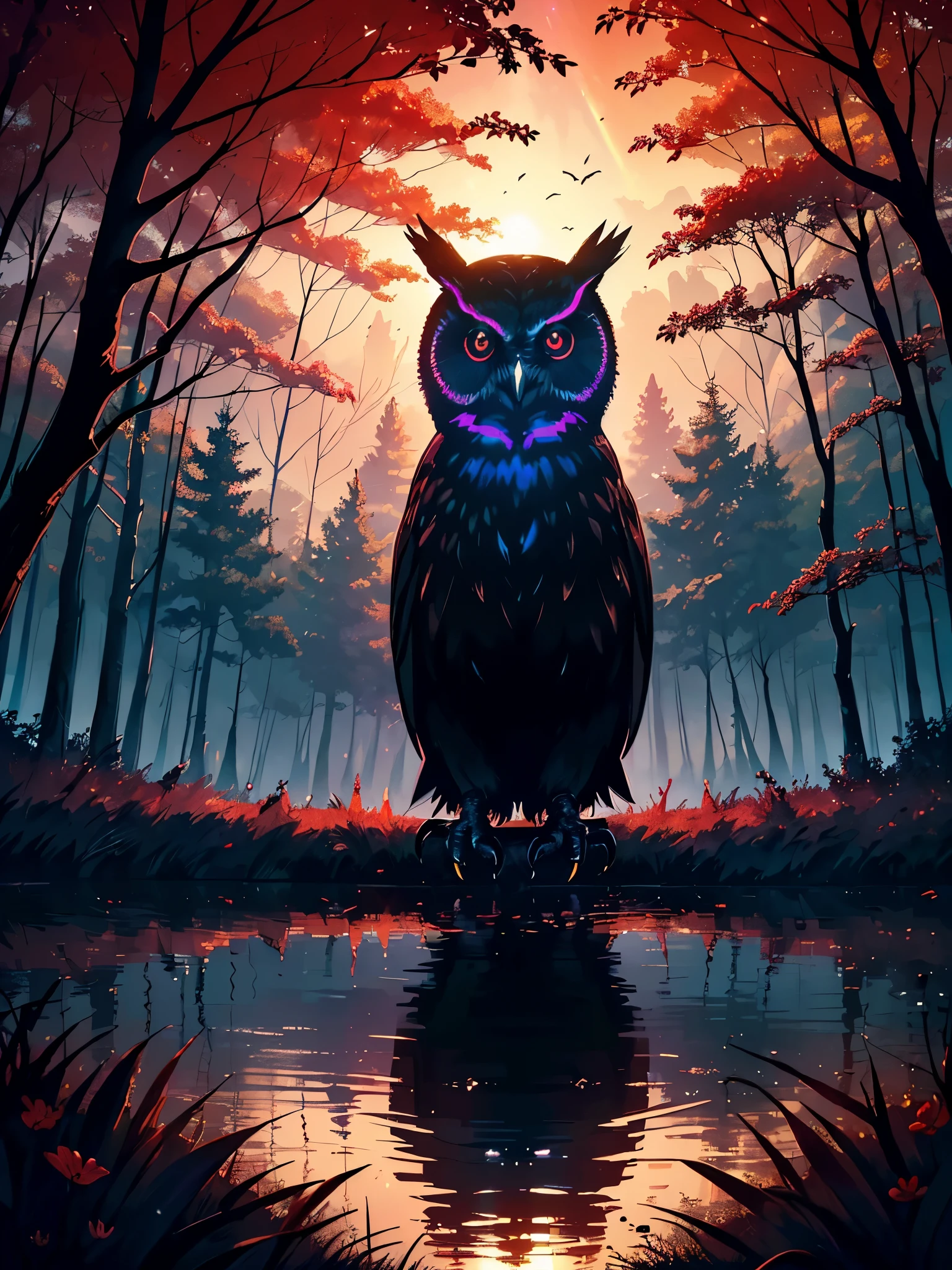 A gloomy and dark forest, with blood-red flowers, flying bats, a river of blood-red water, dry trees, (((in the background of the scene a black owl with its head on one side and luminous red eyes))), {paper extremely detailed 16k CG unit wall}, expansive landscape photography, (a low view focusing on the character and the sky above), (wide open field view), (low angle shot), (high light: 1.0 ), (low light: 1.8), (warm light source: 1.5), complex details, (iridescent colors: 1.4), (bright lighting), (atmospheric lighting), Dreamy, unique, dark, perfect reflections