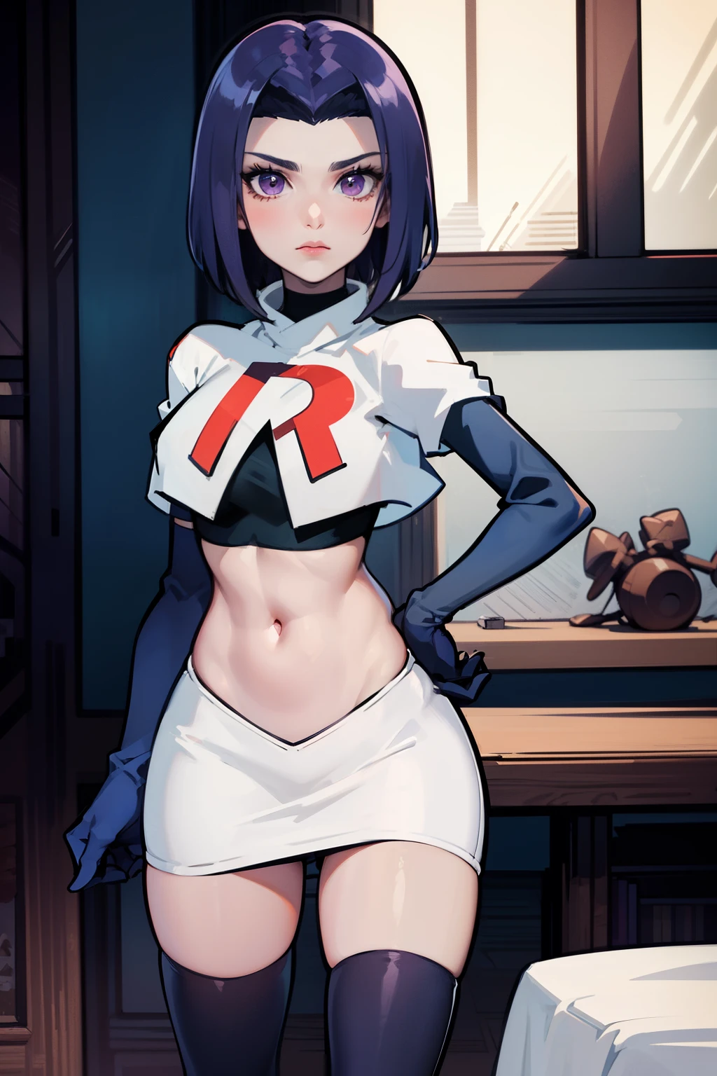 (masterpiece, best quality, ultra-detailed), RavenTT, short hair, purple eyes, (grey skin),team rocket,team rocket uniform, red letter R, white skirt,white crop top,black thigh-highs,black elbow gloves