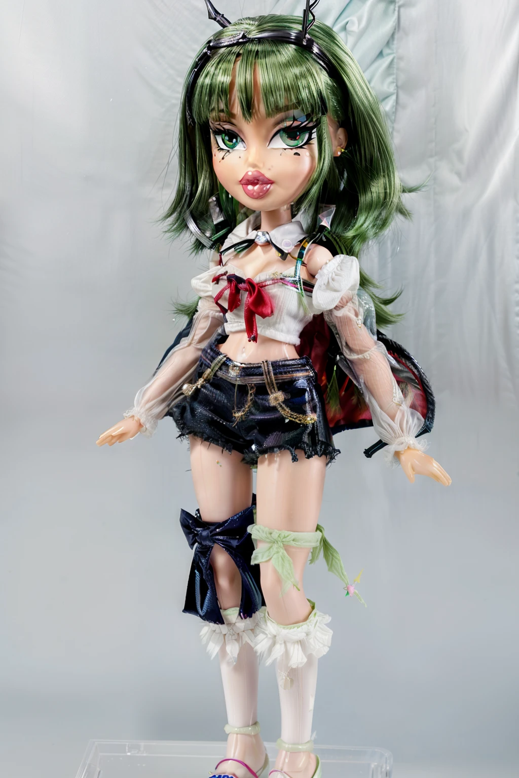 Bratz girl with detailed eyes and big lips and green hair, wearing shorts and tied white shirt, full body , plastic skin , doll joints , ,(masterpiece, top quality, best quality, beautiful and aesthetic:1.2), wriggle nightbug, doll, revealing clothes, big head, 1girl, solo, breasts, curvy, wide hips, narrow waist, joints, doll joints, cleavage, bursting breasts, huge breasts, lips, 1girl,antennae, green hair,short hair,cape,green eyes,white shirt,puffy sleeves,long sleeves, bloomers, full body, high heels, thighhighs, long legs,