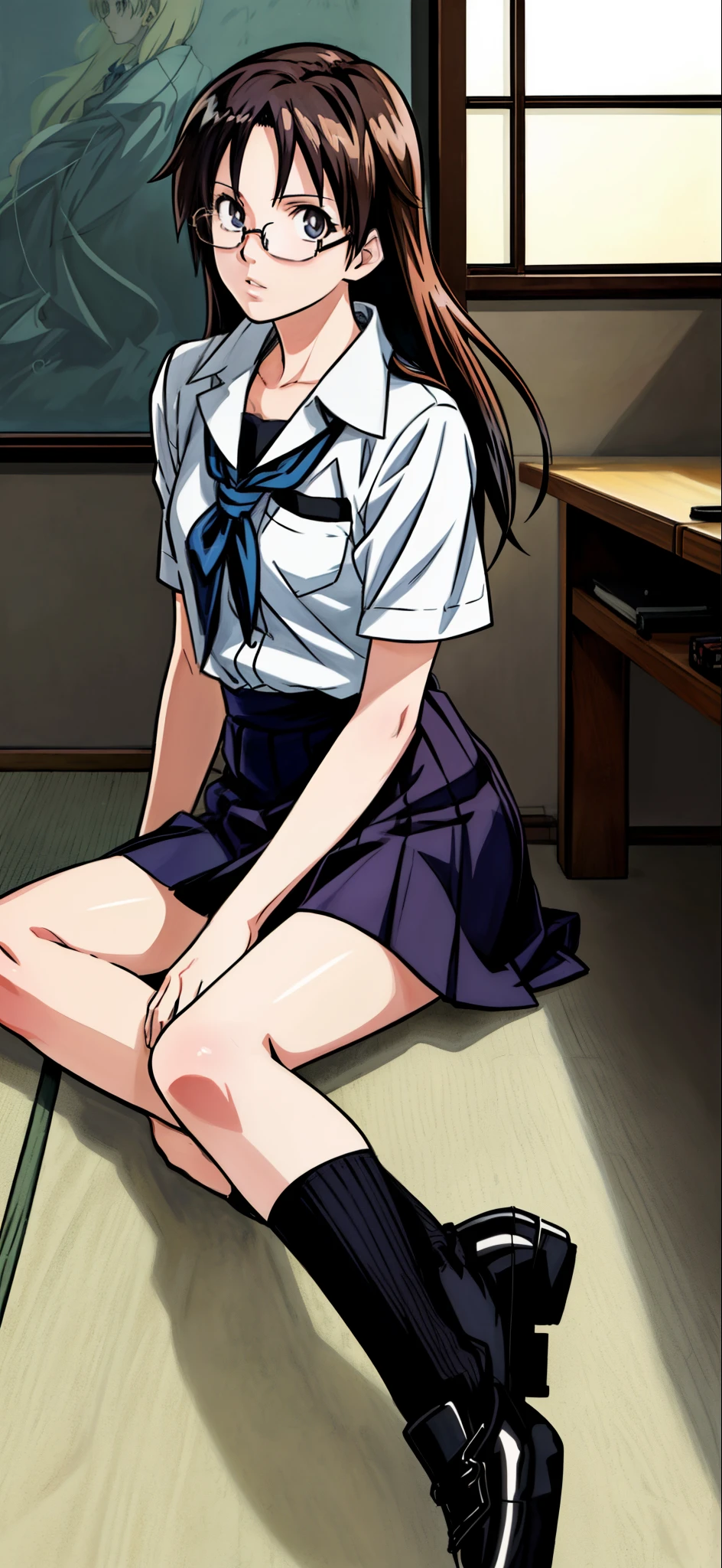 (Best Quality,4K,8K,hight resolution,masutepiece:1.2), Ultra-detailed, (Realistic,photoRealistic,photo-Realistic:1.37), Glasses Girl,disconcerted,((Black hair)),((Long hair)),Japan schoolgirl uniform,muffler,high socks, pumps,Beautiful detailed eyes, Beautiful detailed lips, extremely detailed eye and face, long eyelashes, Realistic anime 3D style, Smooth Anime CG Art, Digital rendering by Makoto Shinkai, Moe Anime Art Style, photoRealistic rendering of an anime girl, Shinkai Makoto style, Cute anime girl visuals, Realistic young anime girl, girl fan art, Created by Anime Artist'studio of.
