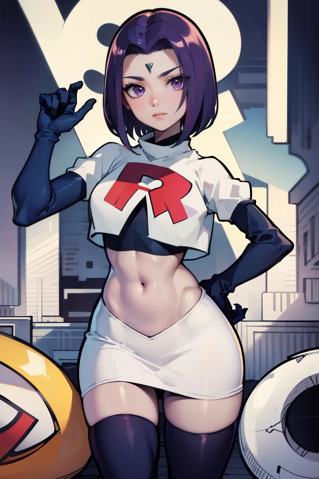 (masterpiece, best quality, ultra-detailed), RavenTT, short hair, purple eyes, (grey skin),team rocket,team rocket uniform, red letter R, white skirt,white crop top,black thigh-highs,black elbow gloves