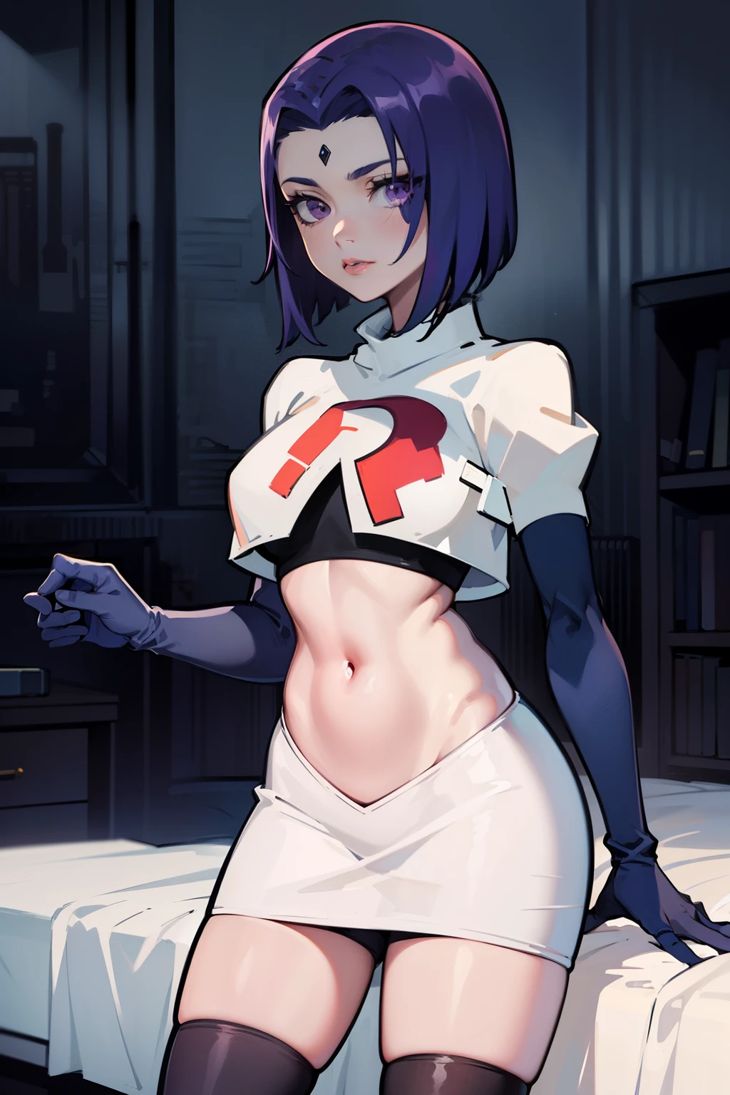 (masterpiece, best quality, ultra-detailed), RavenTT, short hair, purple eyes, (grey skin),team rocket,team rocket uniform, red letter R, white skirt,white crop top,black thigh-highs,black elbow gloves