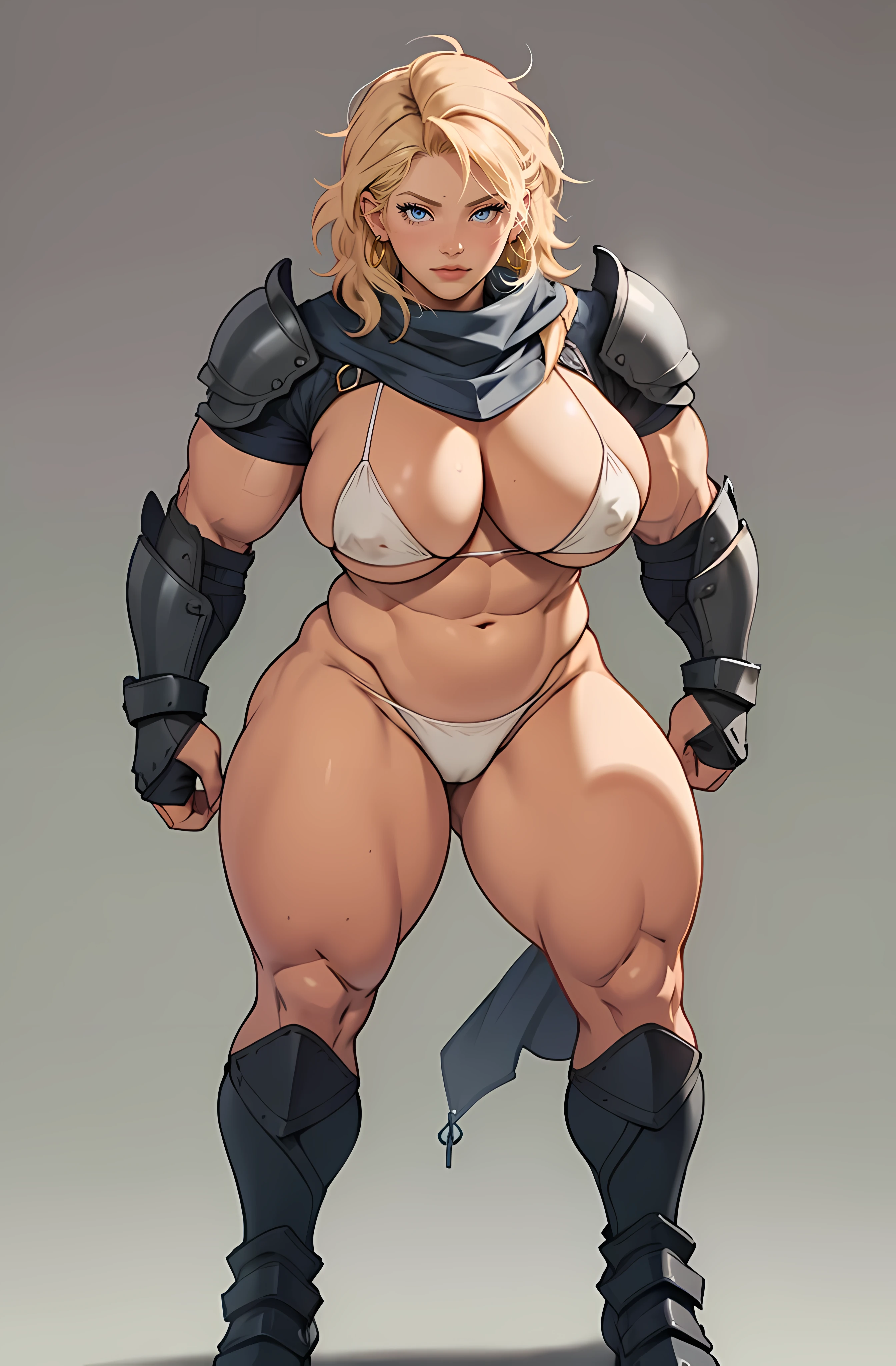 background micro bikini 1girl curly colored hair dark smiling (bodybuilder medium breasts muscular toned body curvy wide hips thick thighs) ((tight armor)) full body, ((Female Bodybuilder)), ((((Muscular Legs)))), ((((Huge Muscles))))