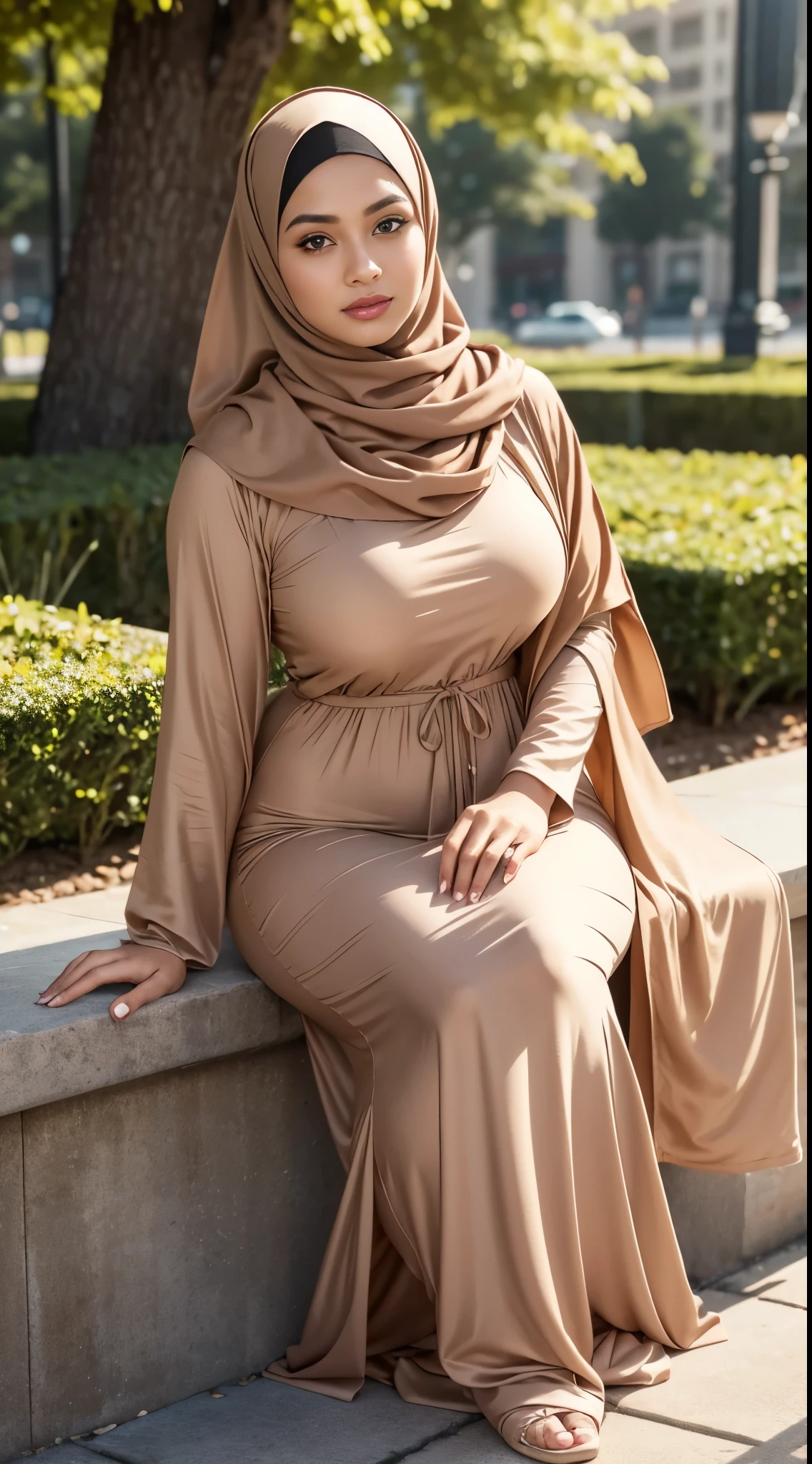 ( Close Up),RAW, Best quality, high resolution, masterpiece: 1.3), beautiful Malay woman in hijab,Masterpiece, perfect fit body, big breast,big gorgeous eyes, Soft smile,beutiful face,thick thighs, sitting, close up of a woman wearing a brown dress and a white head scarf, modest flowing gown,  dress, brown robes, sophisticated dress, long dress female, brown color, beautiful soft silky dress, hijab, elegant dress, brown colors, brown clothes, brownish colors, soft silk dress, stylish dress, full covered dress, beautiful silky dress, brown colours , (Delicate turtleneck) , shairband, afternoon walk, City garden, Excellent lighting, Bright colors, Clean lines,
