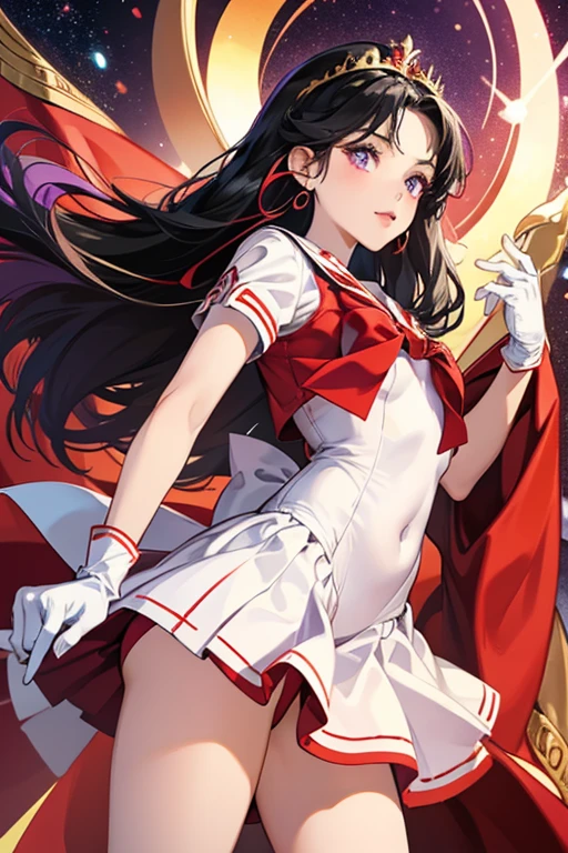 She has straight long black hair with a purple shine and purple eyes. she retains her civilian appearance with a gold tiara on her forehead along with a red tiara stone on front. She wears a white sailor leotard and the color of her sailor uniform is red with a single white linings to match up with her red skirt, back bow and her matching red high heels. Her front bow is purple with a red round gem at the center and was accessorized with a dangling red star earrings in each side of her earlobe and white gloves with red linings.