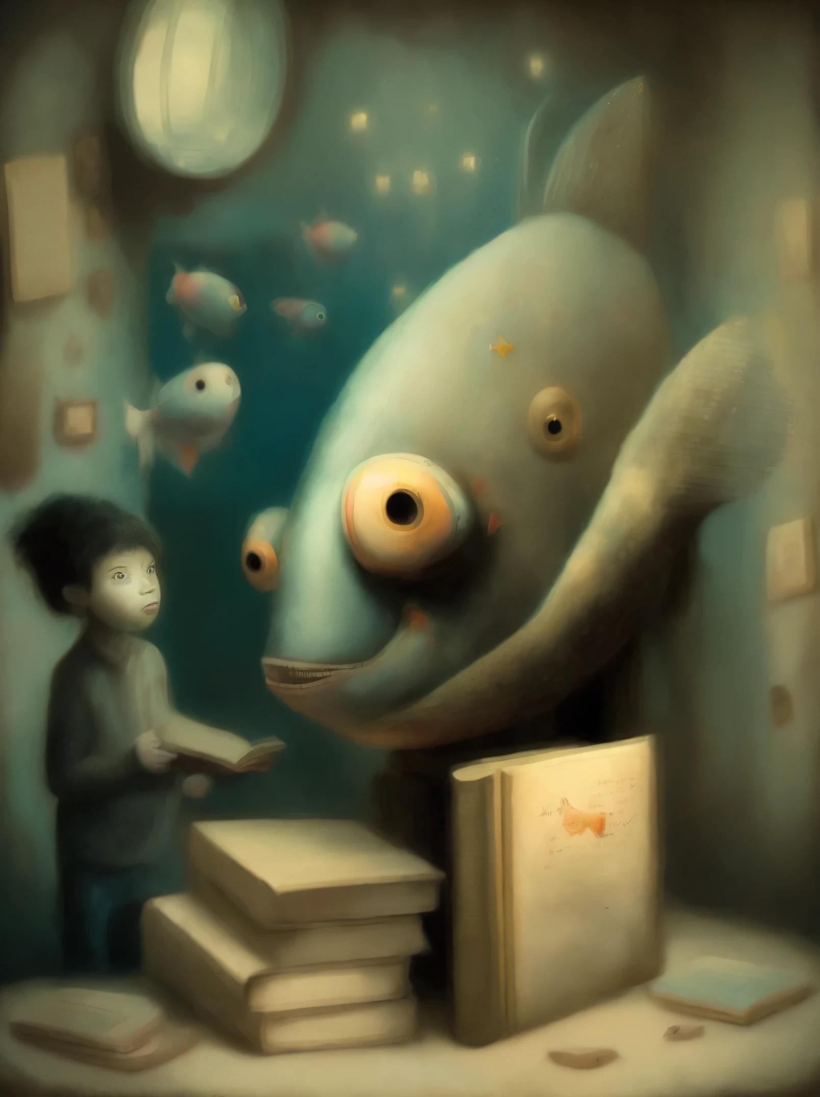 a painting of a fish with a book in it's mouth and a star flying out of it's mouth by Shaun Tan