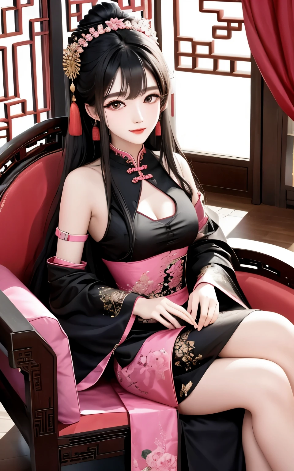 Beautiful Chinese girl,bshoulders,Elaborate Eyes,wearing a black dress,asian architecture interior,Chaise sofa,Pink curtaintravagant furnishings,palaces,Summer palace,carpets,delicated face, Nice face,
