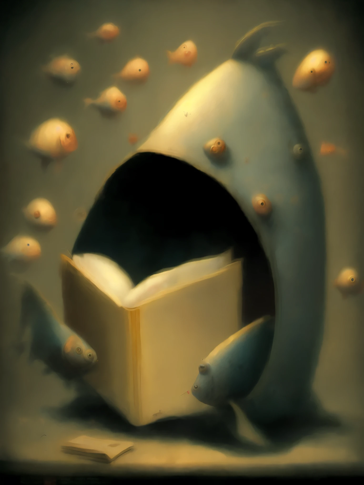 a painting of a fish with a book in it's mouth and a star flying out of it's mouth by Shaun Tan