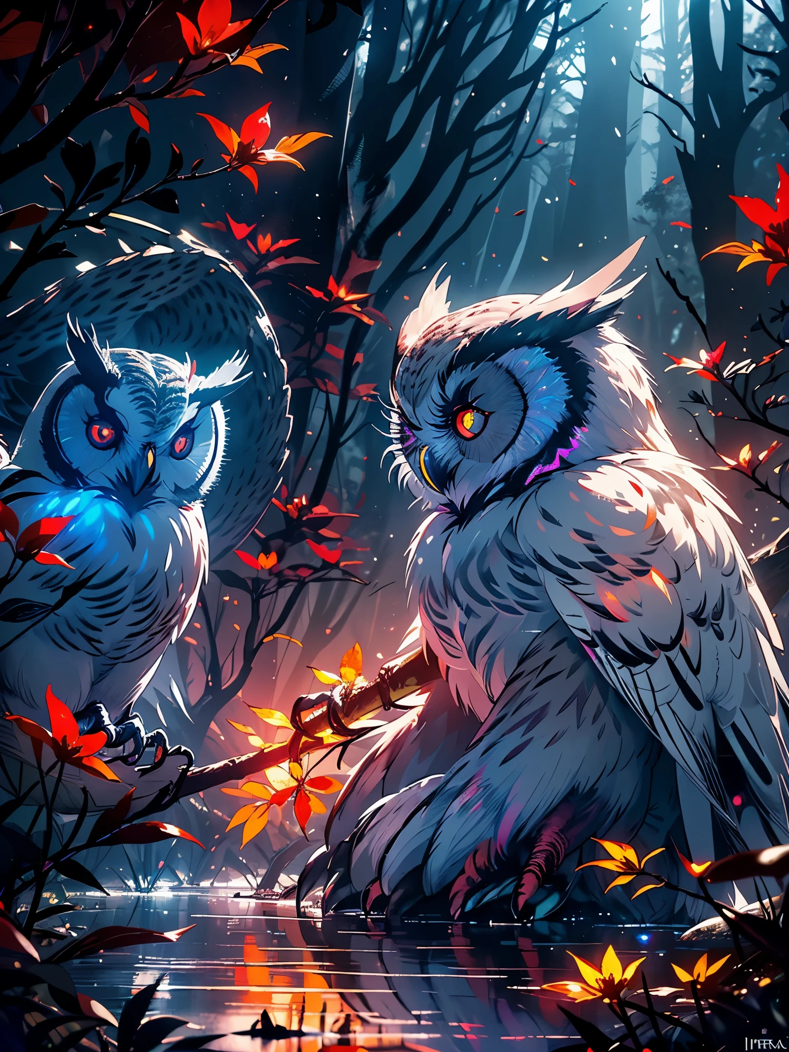 A gloomy and dark forest, with blood red flowers, flying bats, a river of blood red water, dry trees, (((in the background of the scene an owl with its head on one side and luminous red eyes))), {wallpaper of extremely detailed 16k CG unit}, expansive landscape photography, (a low view focusing on the character and the sky above), (wide open field view), (low angle shot), (high light: 1.0) , (low light: 1.8), (warm light source: 1.5), complex details, (iridescent colors: 1.4), (bright lighting), (atmospheric lighting), Dreamy, unique, dark, perfect reflections