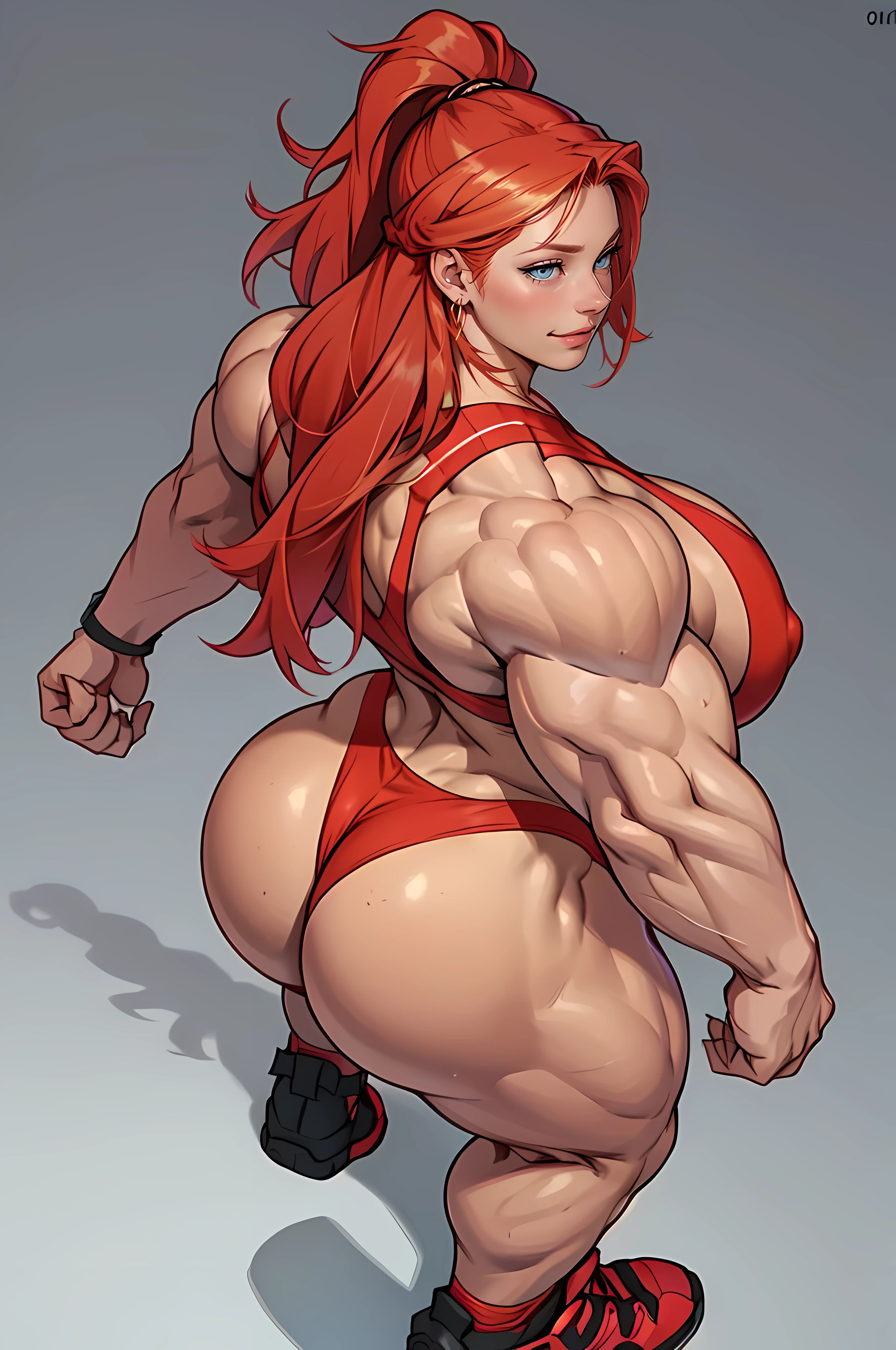 girl ((1girl)) dark skin (huge ass) toned body thick thighs well-defined legs red hair long hair (grey background) from behind from above, ((Female Bodybuilder)), ((((Muscular Legs)))), ((((Huge Muscles))))