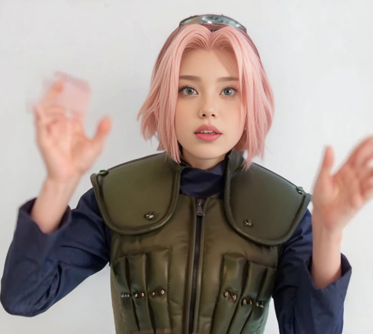 young woman, porcelain skin, short bubblegum pink hair, wide forehead, big pink lips, big emerald green eyes, pink eyebrows, green vest, Sakura Haruno, 3d, realism