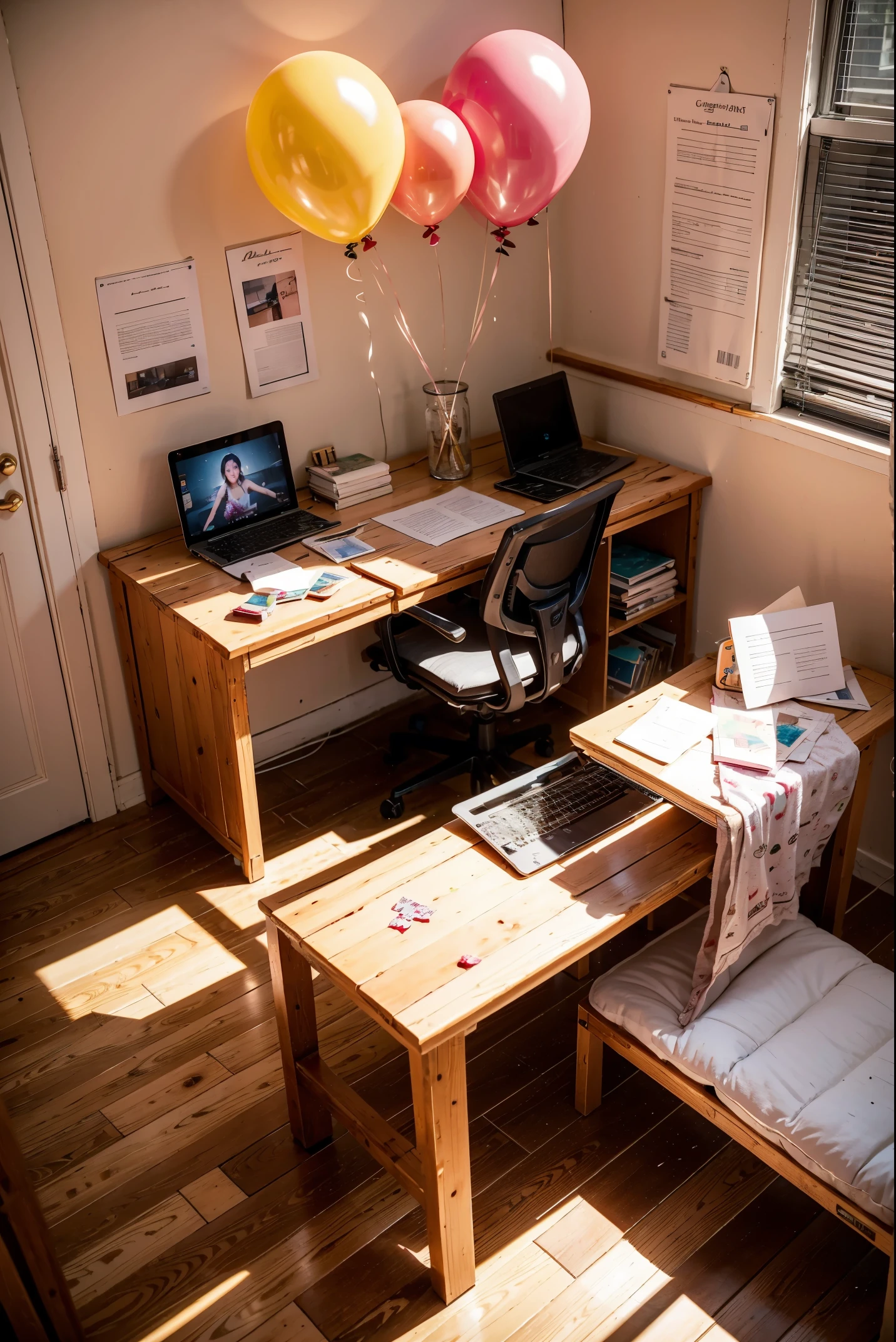 lower middle class house, simple room with time-worn wooden cupboard, study table, paper writing and photos stuck on the wall, make-up mirror, air conditioner, pink letter-shaped balloons on the wall "stratosphere" imac computer