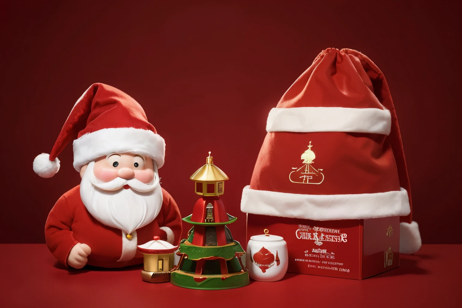 There is a kind and cute Santa Claus on a red background，Next to him is his elk.，Santa Claus and the elk take up only one-third of the frame，Next to the picture is a red Christmas gift box，A Chinese-style lantern hangs above the screen.