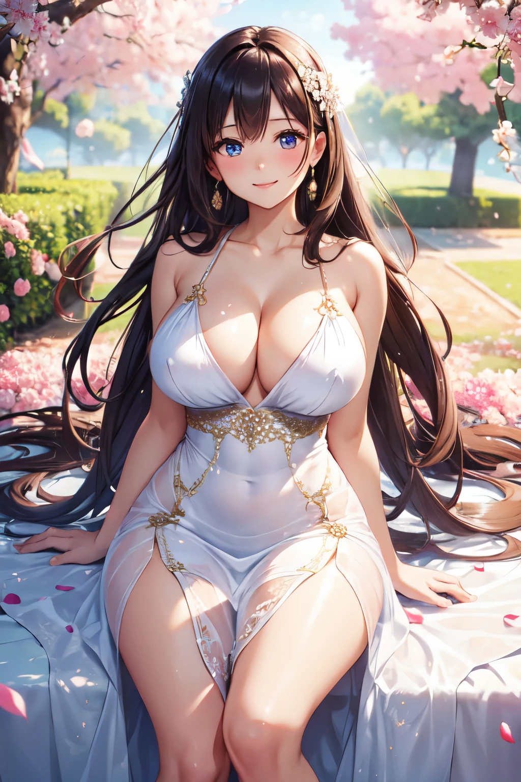 (High quality, High resolution, Fine details), Realistic, (transparent silk dress), (flowing dress), floating petals, bright colors, soft sunlight, romantic atmosphere, studio lighting, bokeh, solo, curvy women, sparkling eyes, (Detailed eyes:1.2), smile, blush, Sweat, Oily skin, shallow depth of field