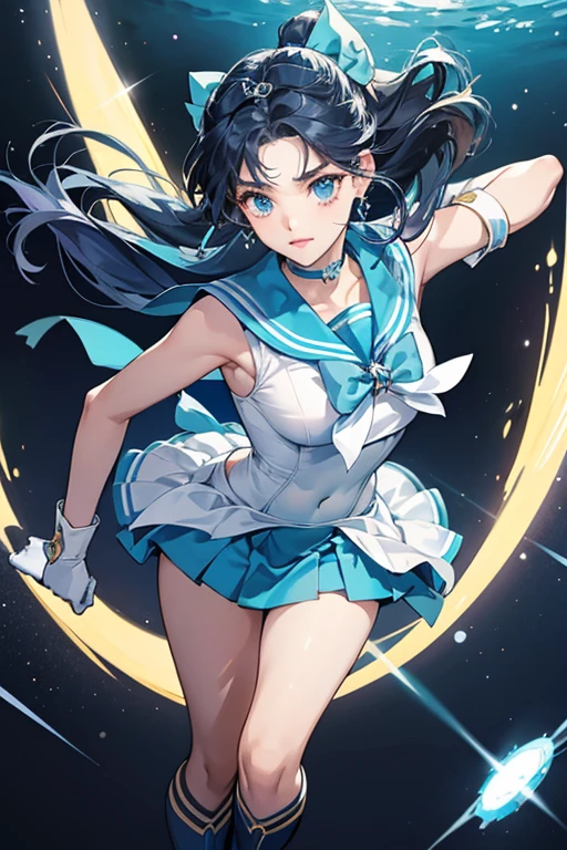Ami Mizuno is a teenage girl who has short, dark blue hair that reaches her neck, and blue eyes. she wear a uniform consists of a white, chest-armored leotard, a blue sailor collar with three white stripes, a blue choker, a blue skirt with a white puffy belt sat above it, and light blue bows at the chest and at the back. She wears a pair of blue short heeled knee-high boots with white triangular borders, white gloves with three blue arm fittings at the ends that reach just below her elbows, and a light blue circular gem at the center of her chest bow. Unlike the rest of the Solar System Senshi (besides Sailor Pluto), her uniform is sleeveless, giving off the illusion of a swimsuit which is supposed to be reminiscent of Mercury's power over water. A golden tiara with a blue, oval-shaped gem is located on her forehead, and for earrings, she has three blue studs on either ear. Additional accessories include the Mercury Goggles, which she can summon at her own will by pressing on one of her earrings, and a speaker that extends from her bottom left earring.