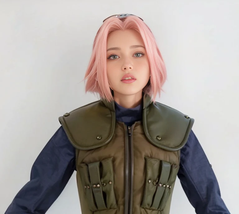 young woman, porcelain skin, short bubblegum pink hair, wide forehead, big pink lips, big emerald green eyes, pink eyebrows, green vest, Sakura Haruno, 3d, realism