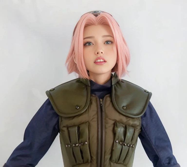 young woman, porcelain skin, short bubblegum pink hair, wide forehead, big pink lips, big emerald green eyes, pink eyebrows, green vest, Sakura Haruno, 3d, realism