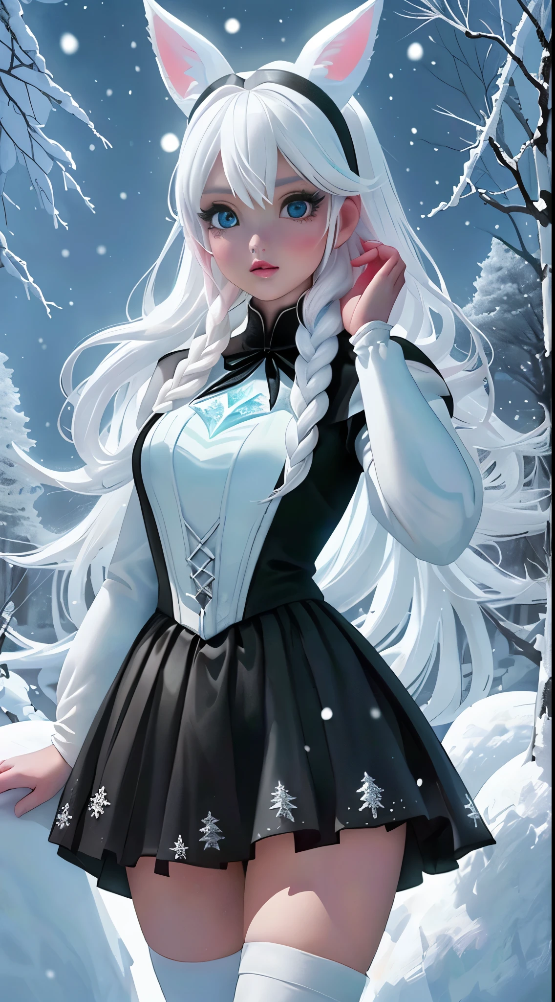 (highest qualityr:1.4), (Navidad), ( Navidad decor) Ariana Grande with pink hair and bunny ears next to white tree, Angelawhite, Hermosa Delphine, Anime Barbie en Medias Blancas, Dulce conejita ultrarrealista, muy, muy kawaii, Diosa japonesa, El conejito tiene pelaje rosado, Piel lisa y rosada, con orejas de conejo, Ahegao, (background frozen white trees snow falling:1.4), illuminated from behind, Chica perfecta de pelo blanco, Amouranth, Arte detallado de alta calidad 8K, Fanart Mejor ArtStation, Fantasy art style, (hermosos ojos azules), (fondo piedras grandes negro:1.4) , (pose vaquero ), (seaArt 2.1), (convexo Dedos camello), (miniskirt ta transparente white:1.4) ,(realistic ),leggings white ,(Perfect anatomy),