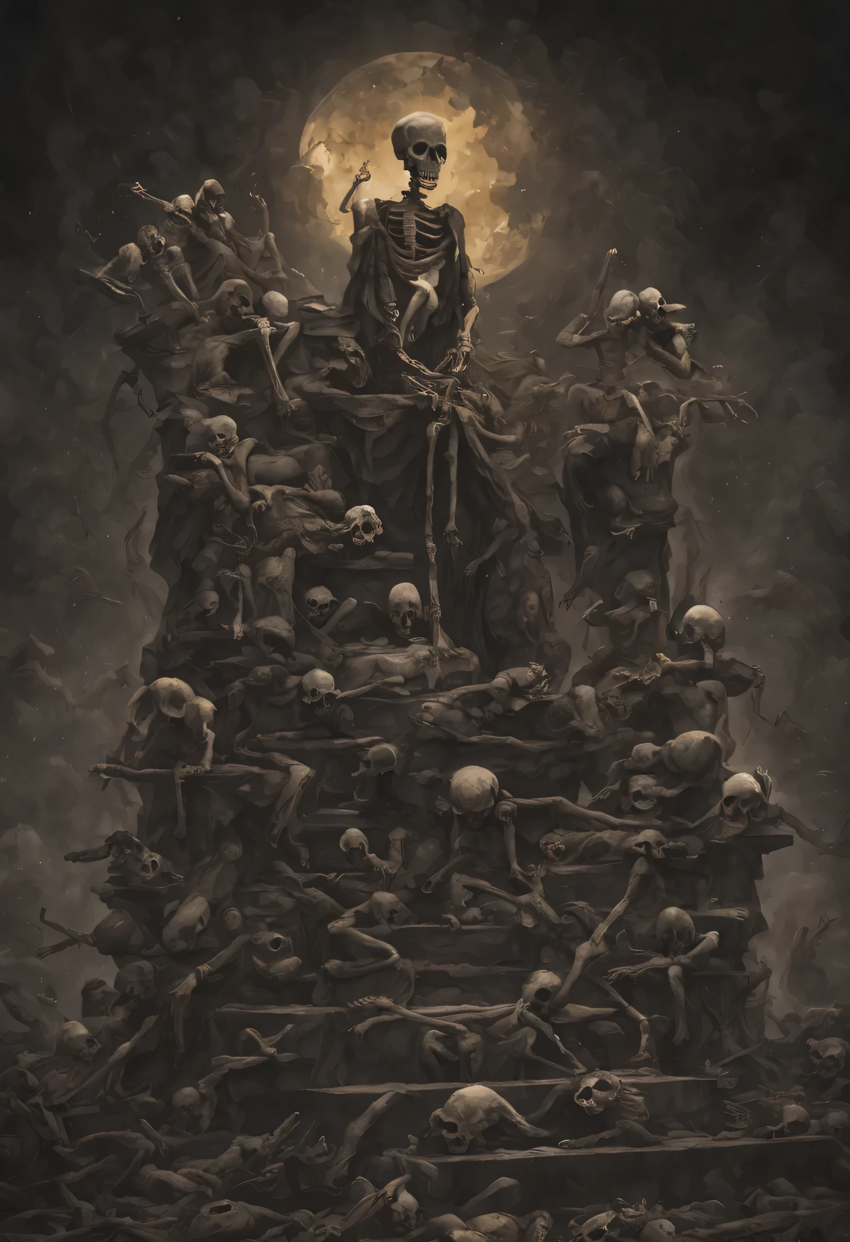 style de carte de tarot,Dark ,A pile of corpses,skeleton ,stone platform for worship