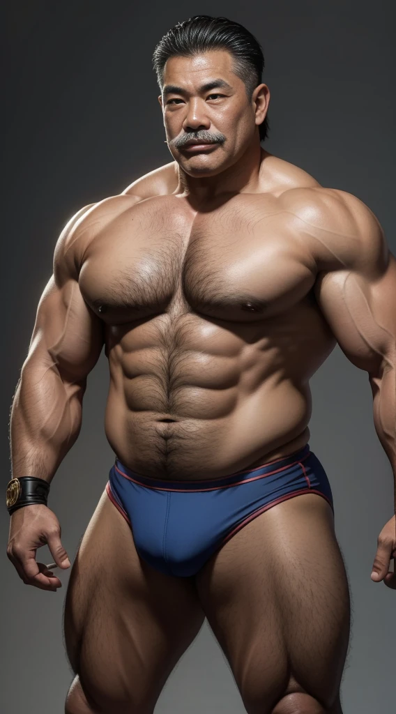 Middle age，the only person，male people，Muscle wrestler，Muscular，Stout wrestler，Asian people，uncles，60岁的Middle age，short detailed hair，short detailed hair细节，Wrestling Bootle Body Figure，Panorama characters，WWE ring，WWE American professional wrestling，spotlight lights，cel shadow，imagining，brief，age 55，short mustache,Middle age，Tattoos are，Fingerless gloves，Wheat-colored skin，oilly skin，Dark skin，Show off your chest muscles，Sumo wrestler，body builder，Wide sideburns，Pronounced abs，ssmile，whaite hair，（Full body like：3），Hands are very thin，solid color backdrop，with a pure white background