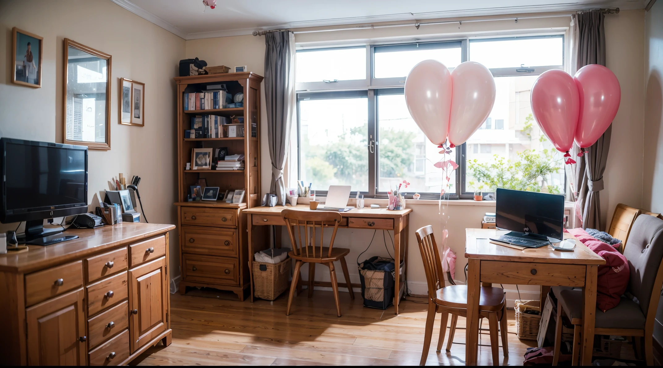 lower middle class house, simple room with time-worn wooden cupboard, study table, paper writing and photos stuck on the wall, make-up mirror, air conditioner, pink letter-shaped balloons on the wall "stratosphere" imac computer