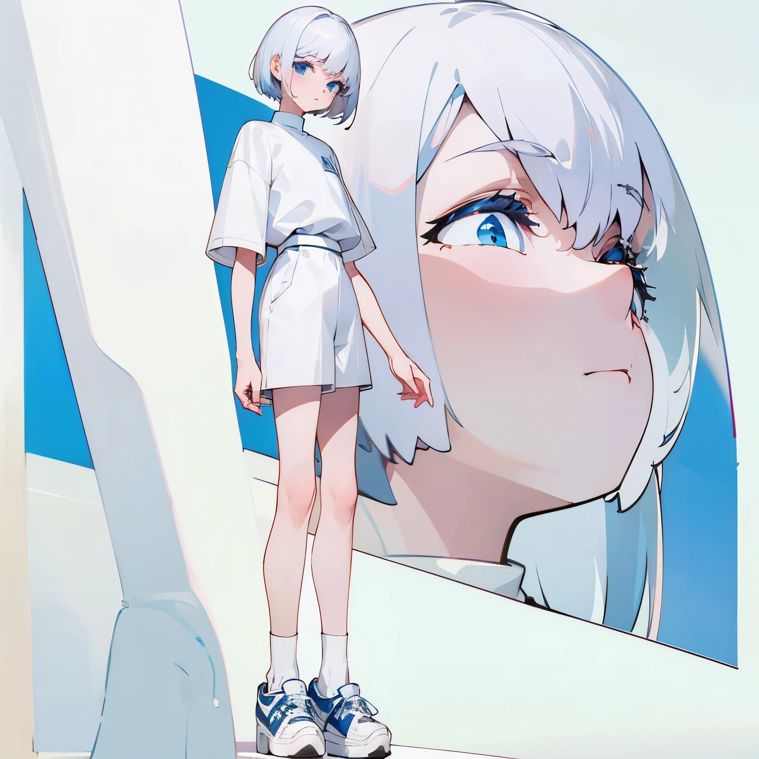 white bob hair、skin as white as porcelain、Light blue and white jersey、white short pants、White loose socks、Black platform sneakers、skinny body