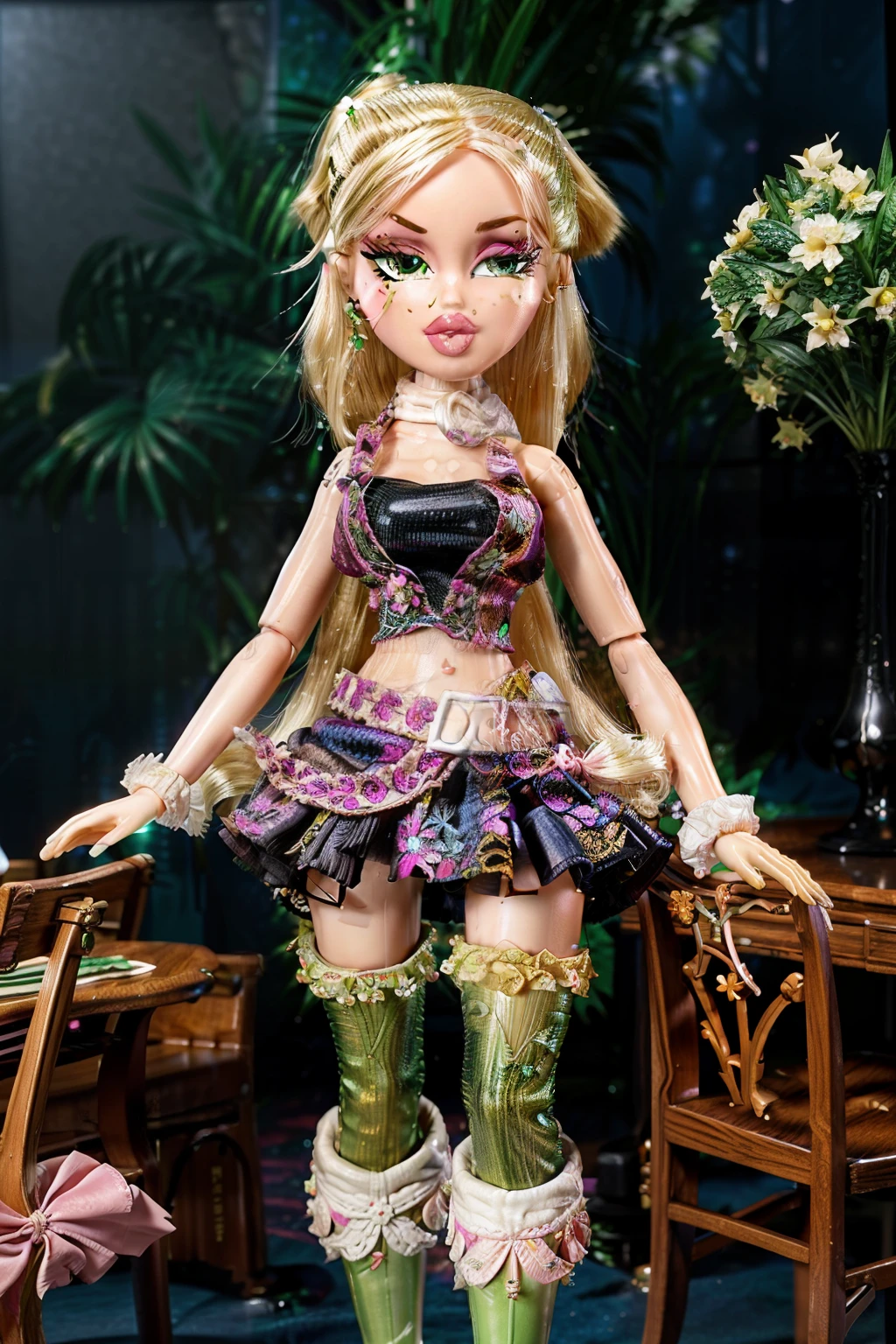 Bratz girl with detailed green eyes and big lips and blonde hair, wearing versace colorful flowers dress , full body , plastic skin , doll joints , ,(masterpiece, top quality, best quality, beautiful and aesthetic:1.2), mizuhashi parsee, doll, revealing clothes, big head, 1girl, solo, breasts, curvy, wide hips, narrow waist, joints, doll joints, cleavage, bursting breasts, huge breasts, lips, 1girl,blonde hair, pointy ears, ponytail, short hair, green eyes, scarf,arm warmers,skirt, full body, high heels, thighhighs, long legs,