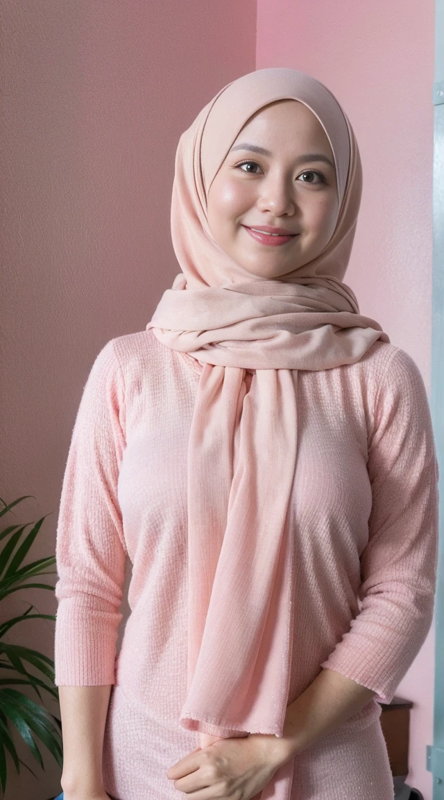 1 malay hijab girl, 34 years old, modern plain hijab, shy, medium portrait, watery eyes, pink glowing particles, wearing pastel pink open breasts kebaya, ((big breasts)), open breasts, breast out, pink light bokeh background, well-proportioned body,