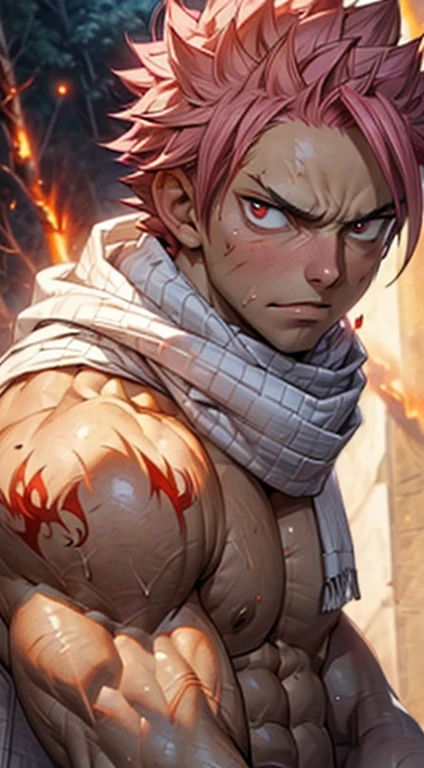 ((upper body)) masterpiece, best quality red eyes, game cg, 2boys adult men, (naked:1.2) rugged adult face, duo, male focus, looking at viewer, upper body, Natsu Dragneel natsu_dragneel, pink hair, red eyes, (shirtless naked), toned muscle, pectorals, 8 abs, toned legs, naked, slightly bulged, (large fire:1.5) and ember (particle effects:1.2), detailed, dynamic lighting, well lit, (fire on skin:1.2), (skin burning:1.2), (eyes on fire:1.2), penis and scrotum, ((view from far distance)) ((white scarf))