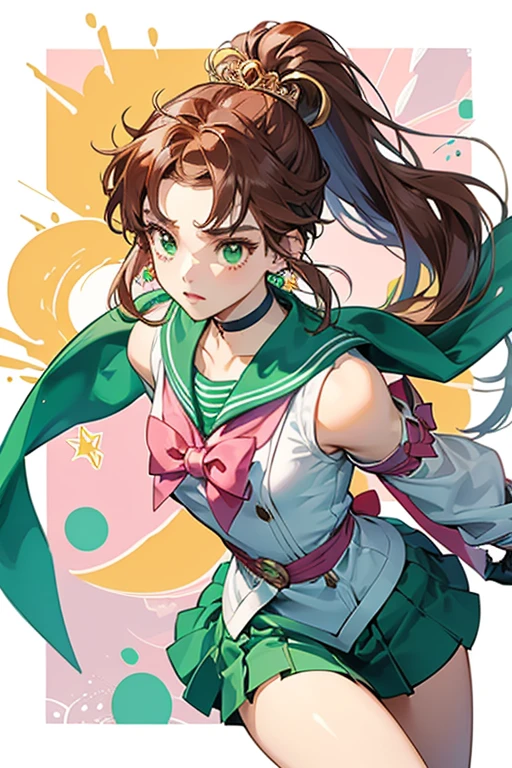 Makoto is a teenage girl with fair skin and a slim complexion, though she is slightly more muscular than most of her fellow Sailor Senshi. She has big green eyes, long reddish brown wavy hair that she usually keeps tied up with a ponytail holder with two green balls. She wears a sailor suit with two colors: green (scarf, boots, skirt, choker, the gem of the tiara, the button of front bow, end of sleeves on gloves) and pink (both bows, earrings). The rest of her outfit is white. Her tiara is the same base color as the rest of the Sailor Senshi's; gold. She is also seen wearing a light blue hair accessory as well as a pair of pink rose earrings.