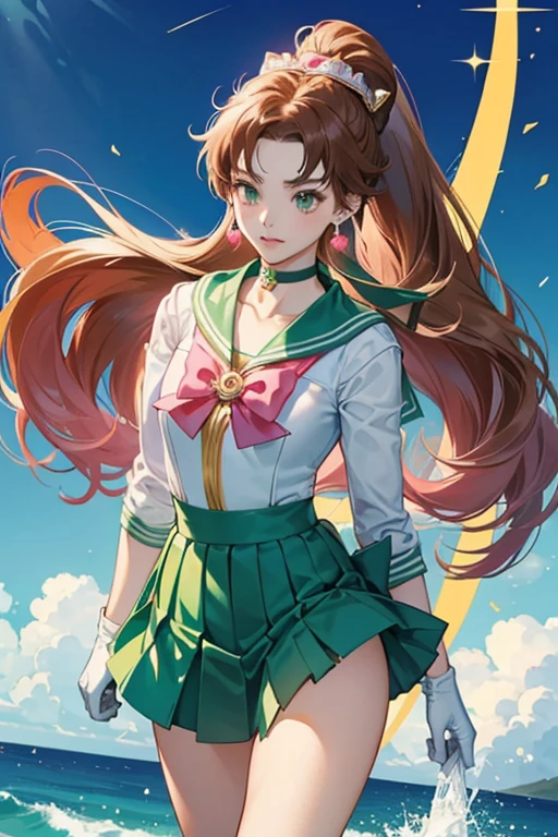 Makoto is a  girl with fair skin and a slim complexion, though she is slightly more muscular than most of her fellow Sailor Senshi. She has big green eyes, long reddish brown wavy hair that she usually keeps tied up with a ponytail holder with two green balls. She wears a sailor suit with two colors: green (scarf, boots, skirt, choker, the gem of the tiara, the button of front bow, end of sleeves on gloves) and pink (both bows, earrings). The rest of her outfit is white. Her tiara is the same base color as the rest of the Sailor Senshi's; gold. She is also seen wearing a light blue hair accessory as well as a pair of pink rose earrings.