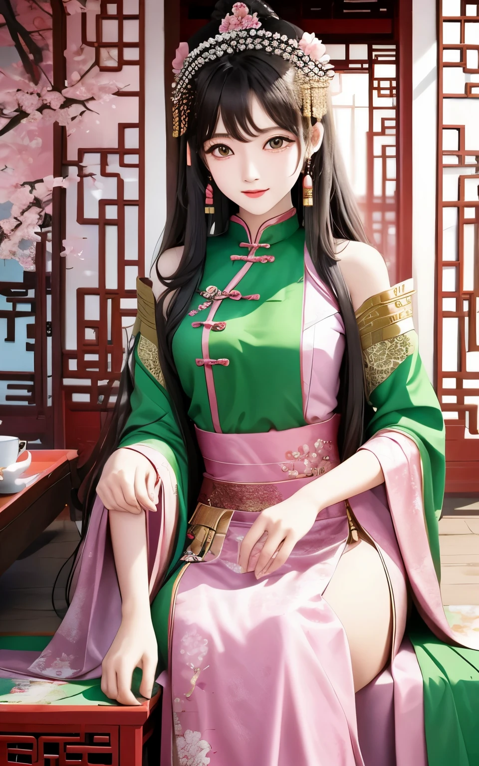 Beautiful Chinese girl，shoulder，Elaborate Eyes，Wear green clothes，asian architecture interior，Chaise sofa，Pink curtaintravagant furnishings，palaces，Summer palace，carpets，delicated face, Nice face，