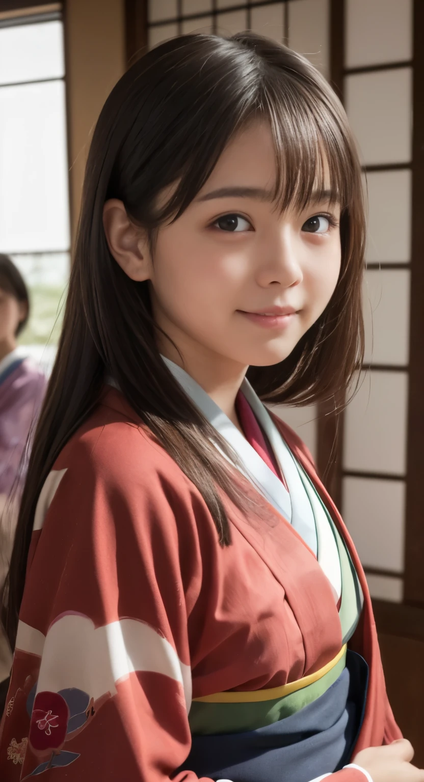 (top-quality、masterpiece:1.2)、Best Quality、realisitic、photoshot、hight resolution、1080p、8K、Textured skin、Physical Rendering、1 Japan Girls、a 、kawaii、Young Face、Rolled hair、(japanese kimono:1.5)、kyoto、full of shyness、smil、Big