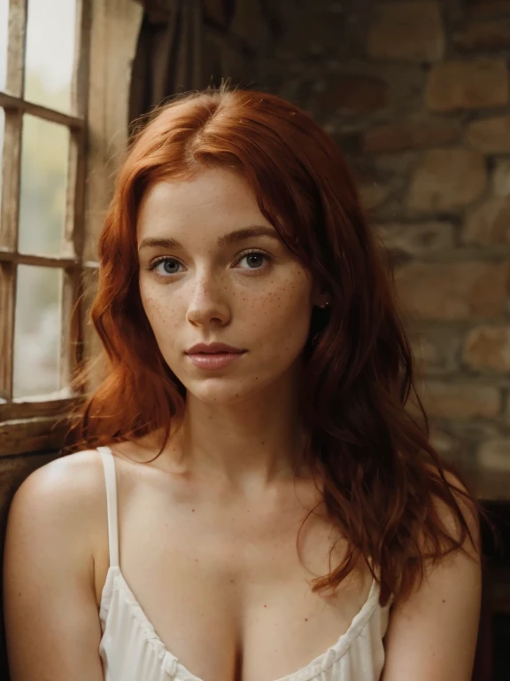 Red haired celtic woman, freckles, no makeup, young, curly hair, round face