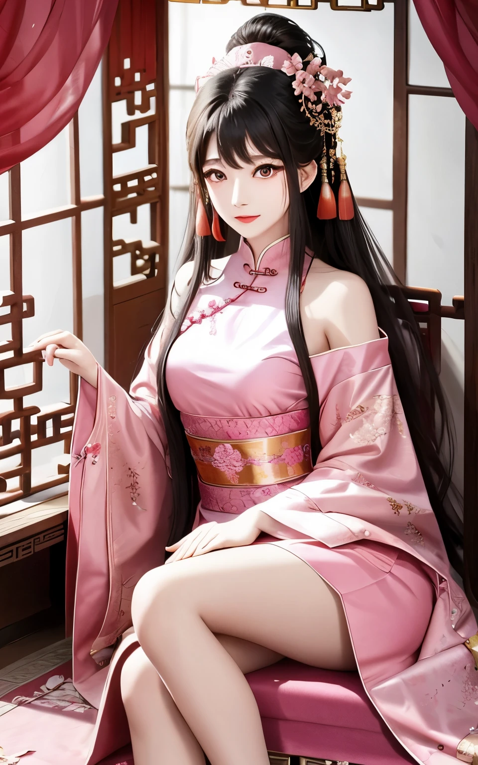Beautiful Chinese girl,shoulder,Elaborate Eyes,Wearing a pink dress,asian architecture interior,Chaise sofa,Pink curtaintravagant furnishings,palaces,Summer palace,carpets,delicated face, Nice face,