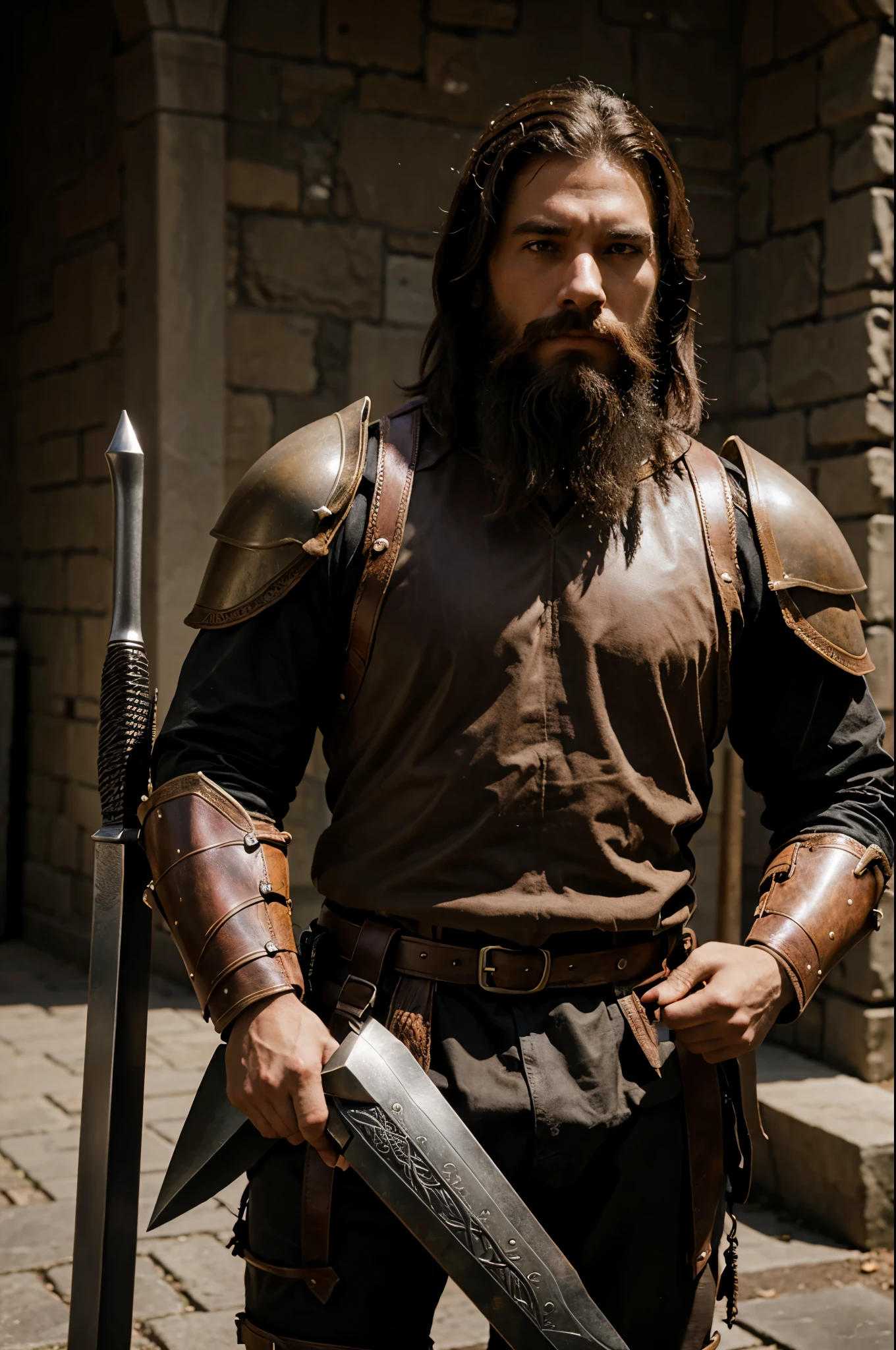 AD&D human ranger, bearded with leather armor, wielding a weapon