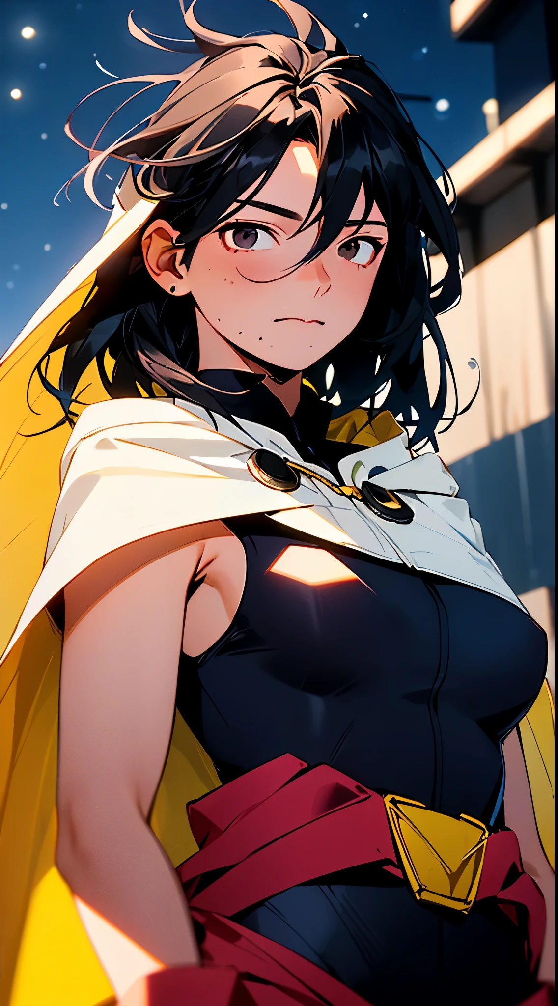 (masterpiece, best quality:1.4), cinematic light, colorful, high contrast, (1girl), NanaShimura, boku no hero academia,  black hair, mole under mouth, large breastlue eyes), hair between eyes, sleeveless, black bodysuit, red belt, white cape, yellow gloves, in the city, night, stars,