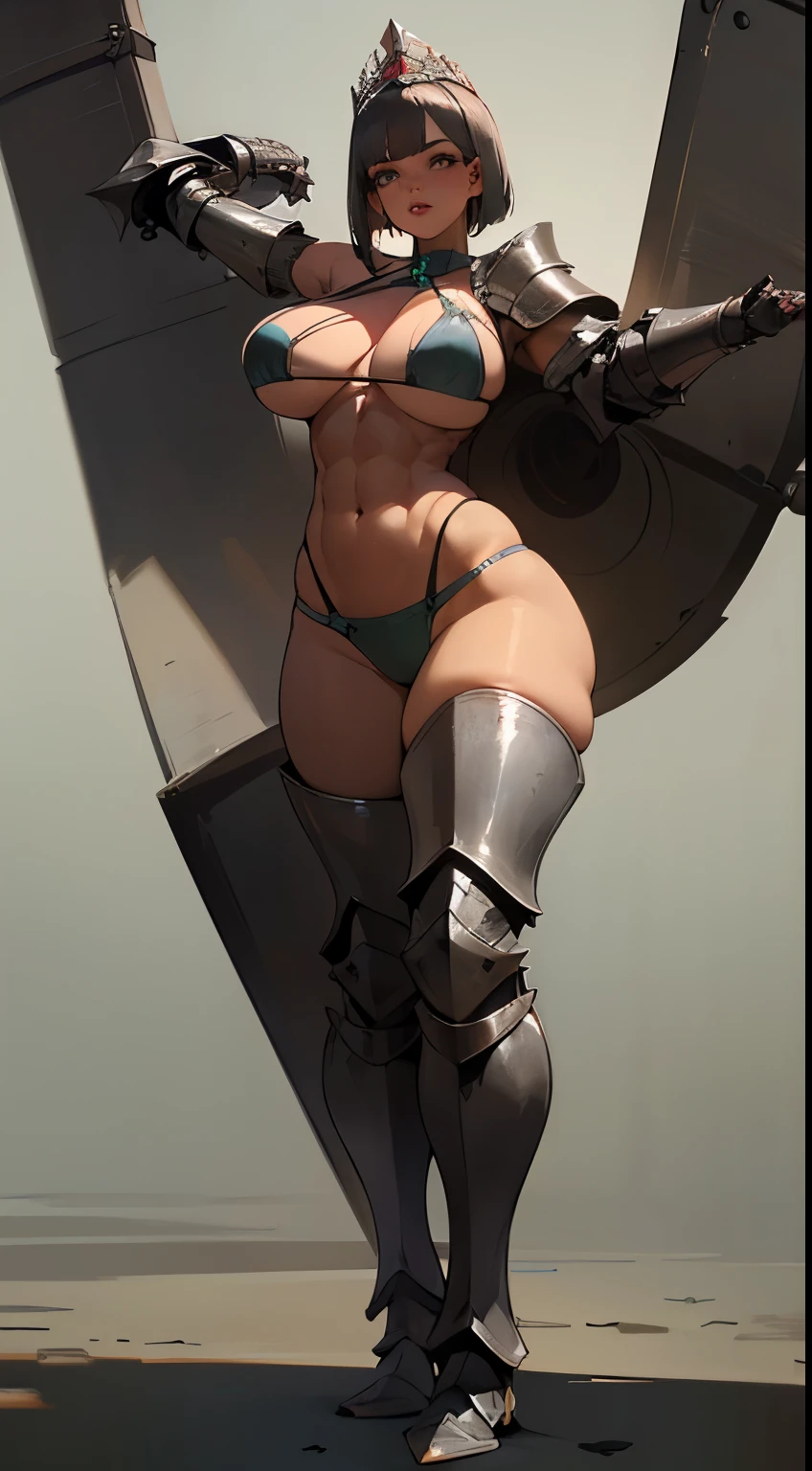 woman, bobcut, blondehair, ((black skin:1.4)), adorned in medieval armor, twerking, metal muscles, emanating a medieval elegance and marvel, armor pump boots, chrome bra, chrome silver tiara, small armband, (shoulder armor), gauntlets, ((armored bikini:1.4)), sword, shield, exposed midriff, (puffy lips:1.3), detailed eyes, ((slendered abs:1.2)),(((gigantic breasts:1.5))), wide hips, (puffy lips:1.5), slender abs,rim lighting, side light, (((cinematic light))), ultra high definition, 8k, film grain,best shadow, light particles, detailed skin texture, detailed gem armor texture, detailed face, intricate details, super detailed, bright, spiked heel boots