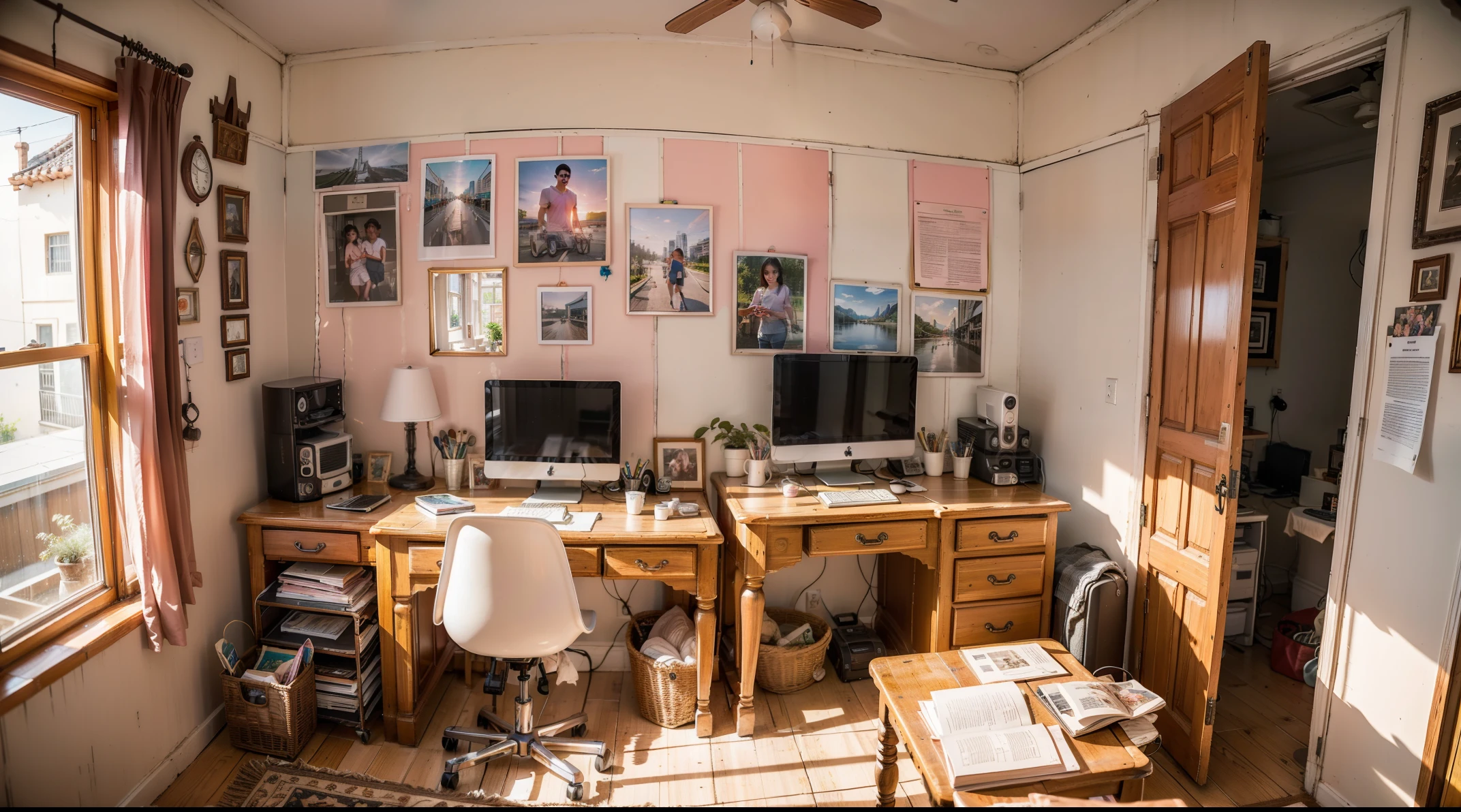 lower middle class house, simple room with time-worn wooden cupboard, study table, paper writing and photos stuck on the wall, make-up mirror, air conditioner, pink letter-shaped balloons on the wall "stratosphere" imac computer
