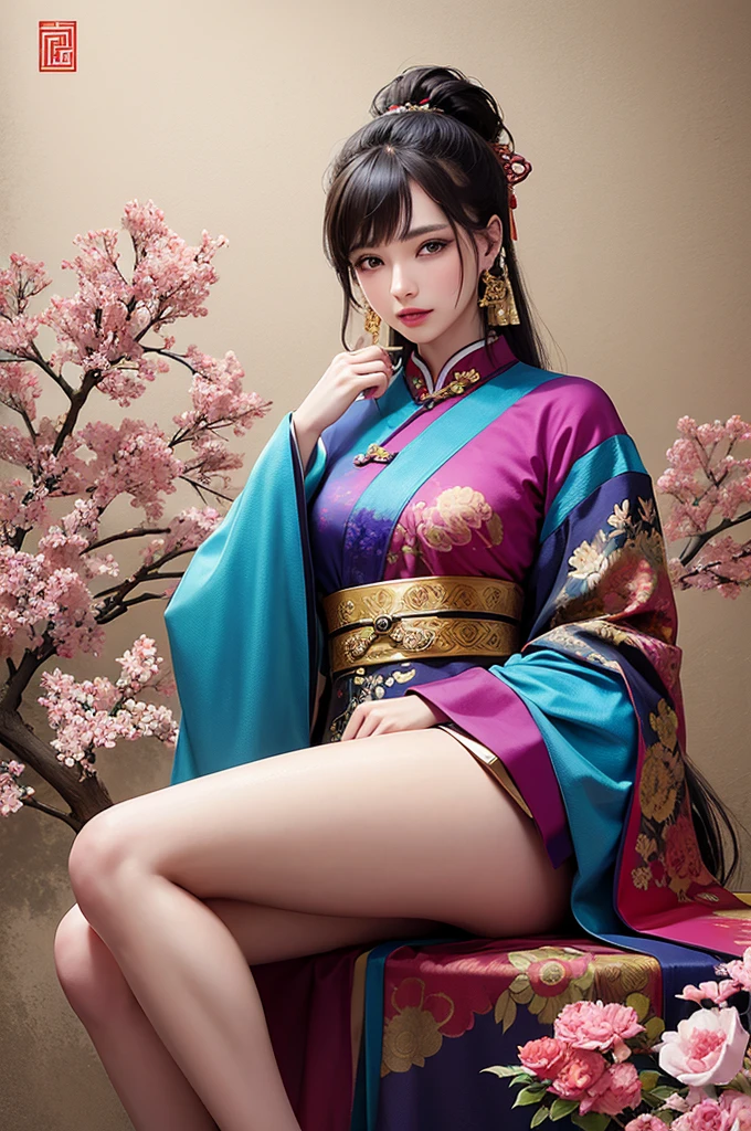 masterpiece, 1 Beautiful girl, Fine grain, highest quality, Ultra High resolution, (reality: 1.4), Cinema Lighting, Beautiful Skin, (Ultra-realistic), (High resolution), (8k), (Very detailed), ( Best illustrations), Pouting slightly,  (Crystal colorful lights), Extremely refined and beautiful, beautiful detailed eyes, Round eyes, detailed facial features, (Round pupils:1.4), (alluring face), Glistening Lips, sexual climax, bitch, (small breasts:1.3), Open lips, (Beautiful and detailed face, Beautiful and delicate eyes), pink cheek, mascara, brown hair, short hair, (cleavage:1.3), (see through:1.1), Exposed thighs, Beautiful thighs, Showing off thighs, (wearing a kimono), futuristic, (cross legs:1.3), Seduction, (show off one's side pose:1.3), Exposed thighs, raise a hand