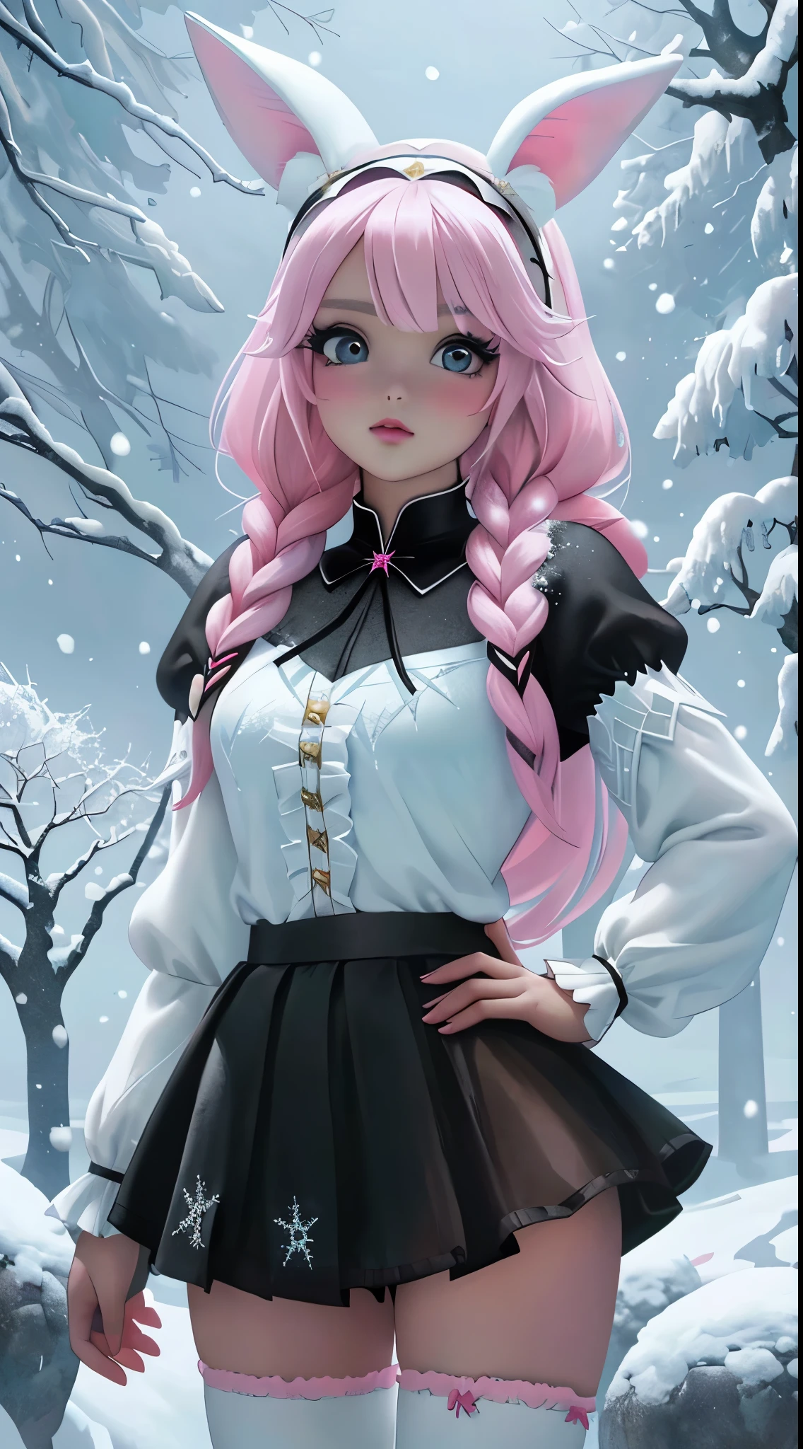 (highest qualityr:1.4), (Navidad), ( Navidad decor) Ariana Grande with pink hair and bunny ears next to white tree, Angelawhite, Hermosa Delphine, Anime Barbie en Medias Blancas, Dulce conejita ultrarrealista, muy, muy kawaii, Diosa japonesa, El conejito tiene pelaje rosado, Piel lisa y rosada, con orejas de conejo, Ahegao, (background frozen white trees snow falling:1.4), illuminated from behind, Chica perfecta de pelo blanco, Amouranth, Arte detallado de alta calidad 8K, Fanart Mejor ArtStation, Fantasy art style, (hermosos ojos azuleondo piedras grandes negro:1.4) , (pose vaquero ), (seaArt 2.1), (convexo ,hermosos Dedos ), (miniskirt ta transparente white:1.4) ,(realistic ),leggings white ,(Perfect anatomy),