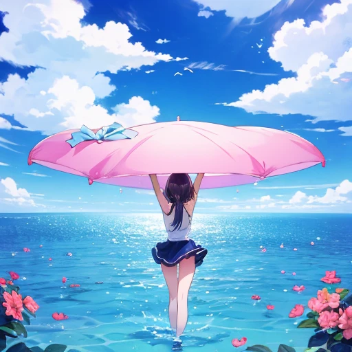 girl,happy,blue yellow pink white,flower,sky,water