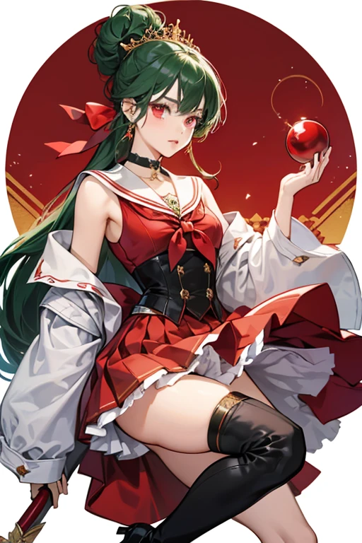 Setsuna is a young adult woman who has knee-length dark green hair partly tied up in a high bun and the rest hanging down freely and red eyes. her uniform consisted of a white sleeveless leotard with a maroon chest bow and a bright red circular brooch affixed to it. Her stripeless sailor collar was black, she wore a gold tiara with a garnet red gem, her thick red earrings were in the shape of arrows, and she wore a black choker with a red bauble. She also wore white elbow-length gloves with black padding, her skirt was black with a maroon bow at the back, and her footwear consisted of black knee-high heeled boots with white triangular arches.