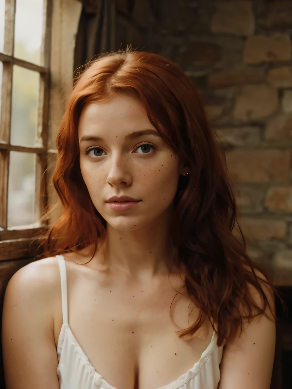 Red haired celtic woman, freckles, no makeup, young, curly hair, round face