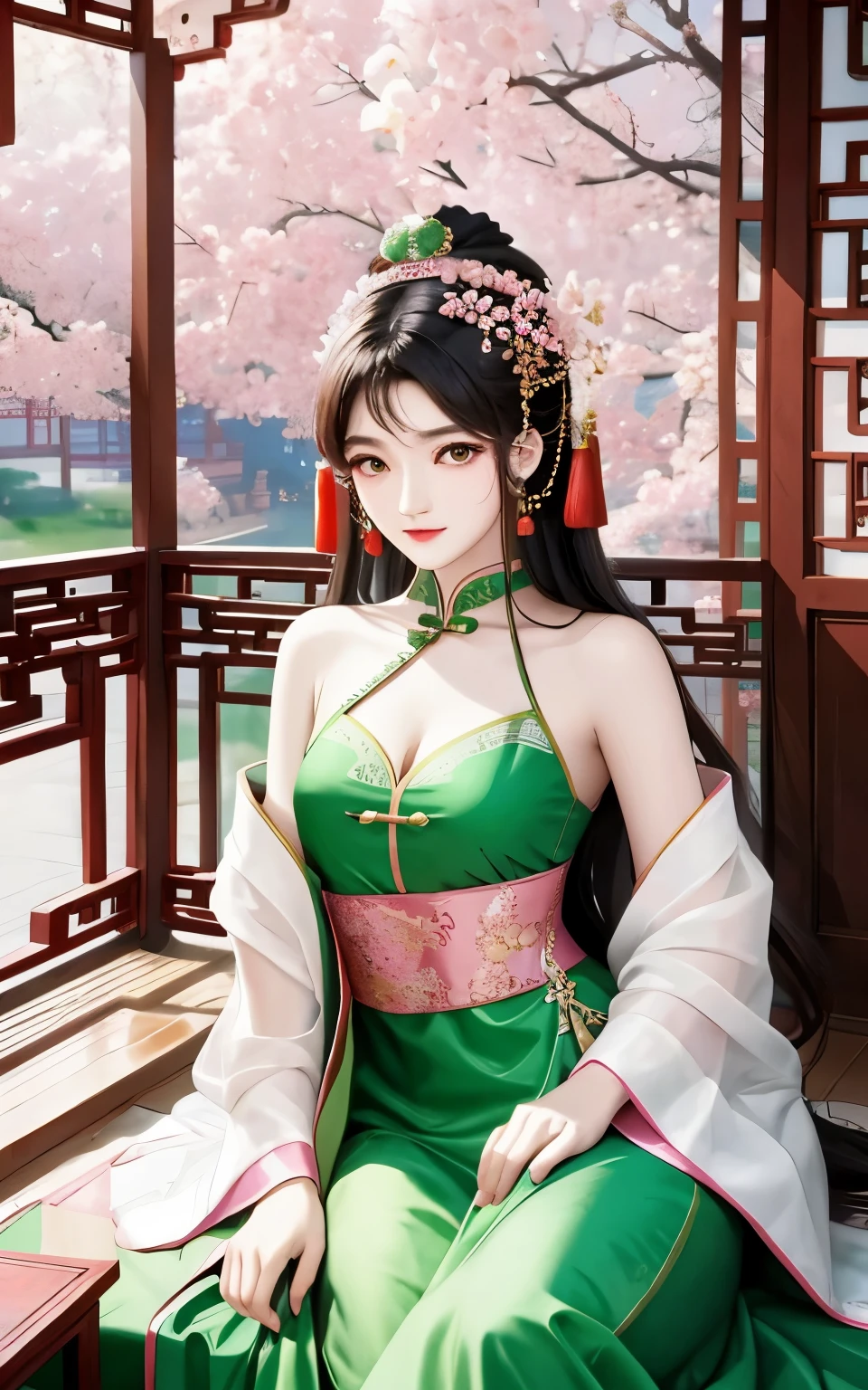 Beautiful Chinese girl,bshoulder,Elaborate Eyes,Wear green,asian architecture interior,Chaise sofa,Pink curtaintravagant furnishings,palaces,Summer palace,carpets,delicated face, Nice face,