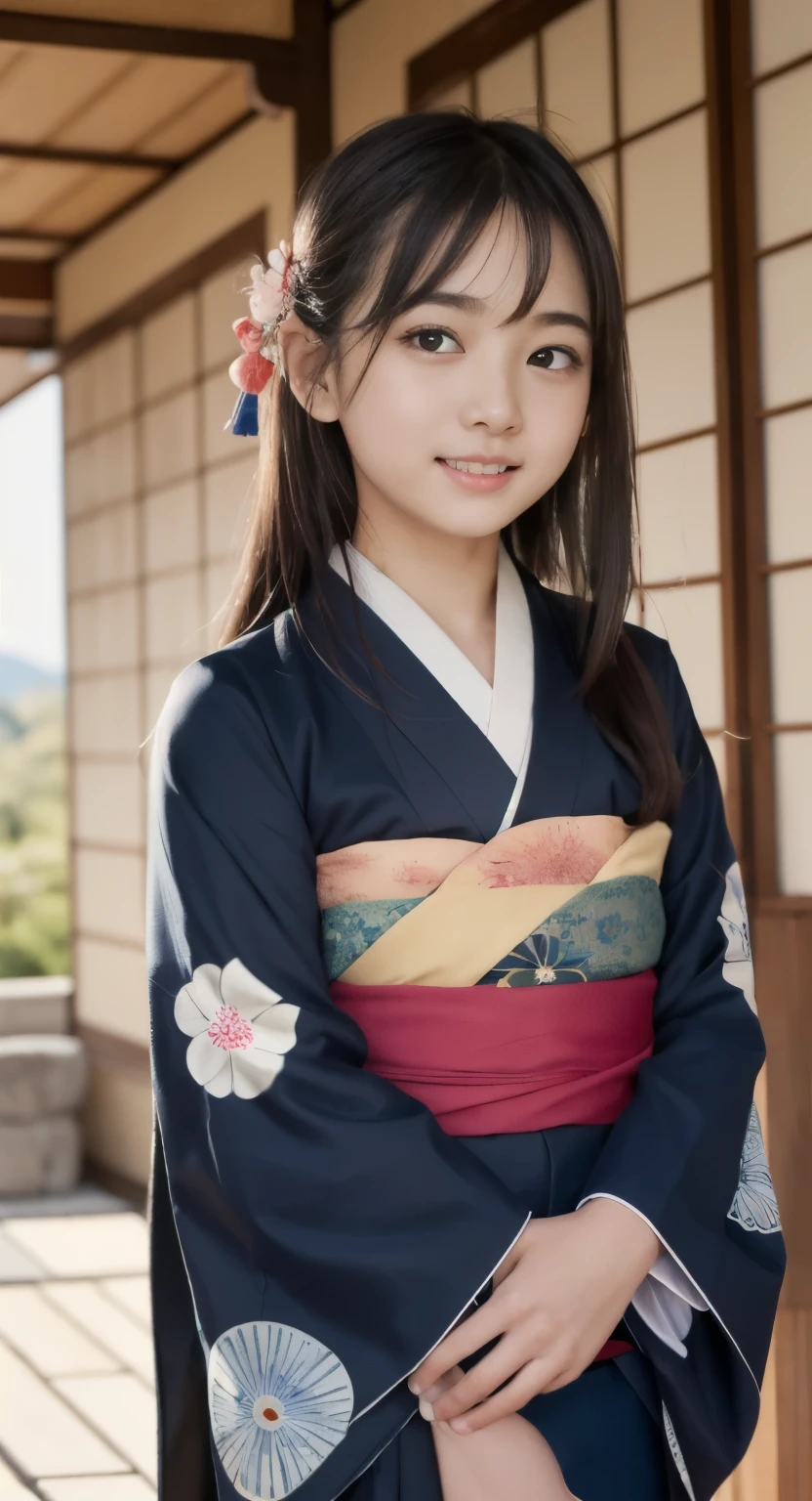 (top-quality、​masterpiece:1.2)、Best Quality、realisitic、photoshot、hight resolution、1080p、8K、Textured skin、Physical Rendering、1 Japan Girls、a 、kawaii、Young Face、Rolled hair、(japanese kimono:1.5)、kyoto、full of shyness、smil、Big