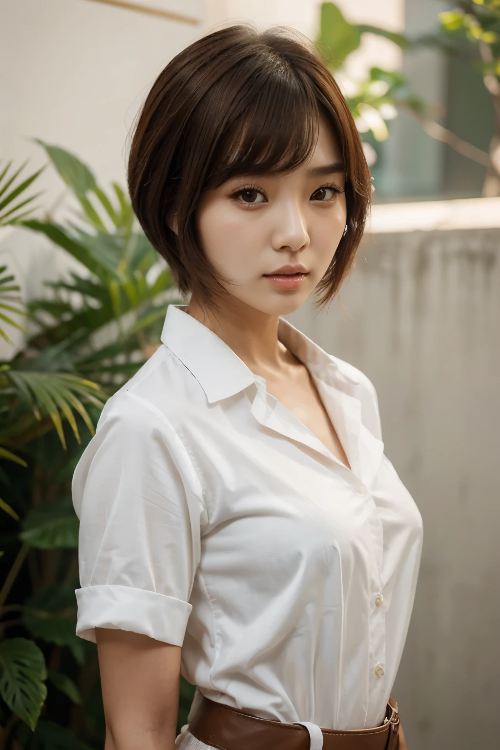 Hay una mujer con corbata y camisa blanca, con el pelo corto, Hermosa mujer surcoreana, Chica coreana, Sun Yunjoo, Linda actriz coreana, Hermosa joven coreana, Lee Ji-eun, Lee Ji - Eun, Xintong Chen, Cabello limpio con flequillo, short brown hair with bangs, Hermosa joven coreana, Heonhwa Choe