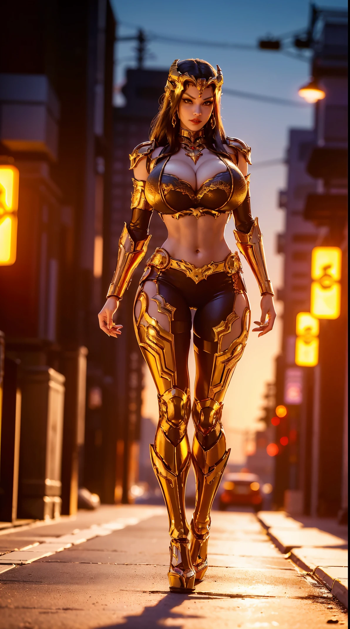 (DRAGON QUEEN HELM), (HUGE FAKE BOOBS:1.3), (BEAUTIFUL FACE), (RED, BLACK, GOLD), (CYBERPUNK STREET CITY BACKGROUND), (CYBER MECHA CROP TOP), (CLEAVAGE), (SKINTIGHT YOGA PANTS), (HIGH HEELS), (PERFECT BODY:1.2), (FULL BODY VIEW), (LOOKING AT VIEWER), (WALKING DOWN:1.3), MUSCULAR BODY, MUSCLE ABS, UHD, 8K, 1080P.