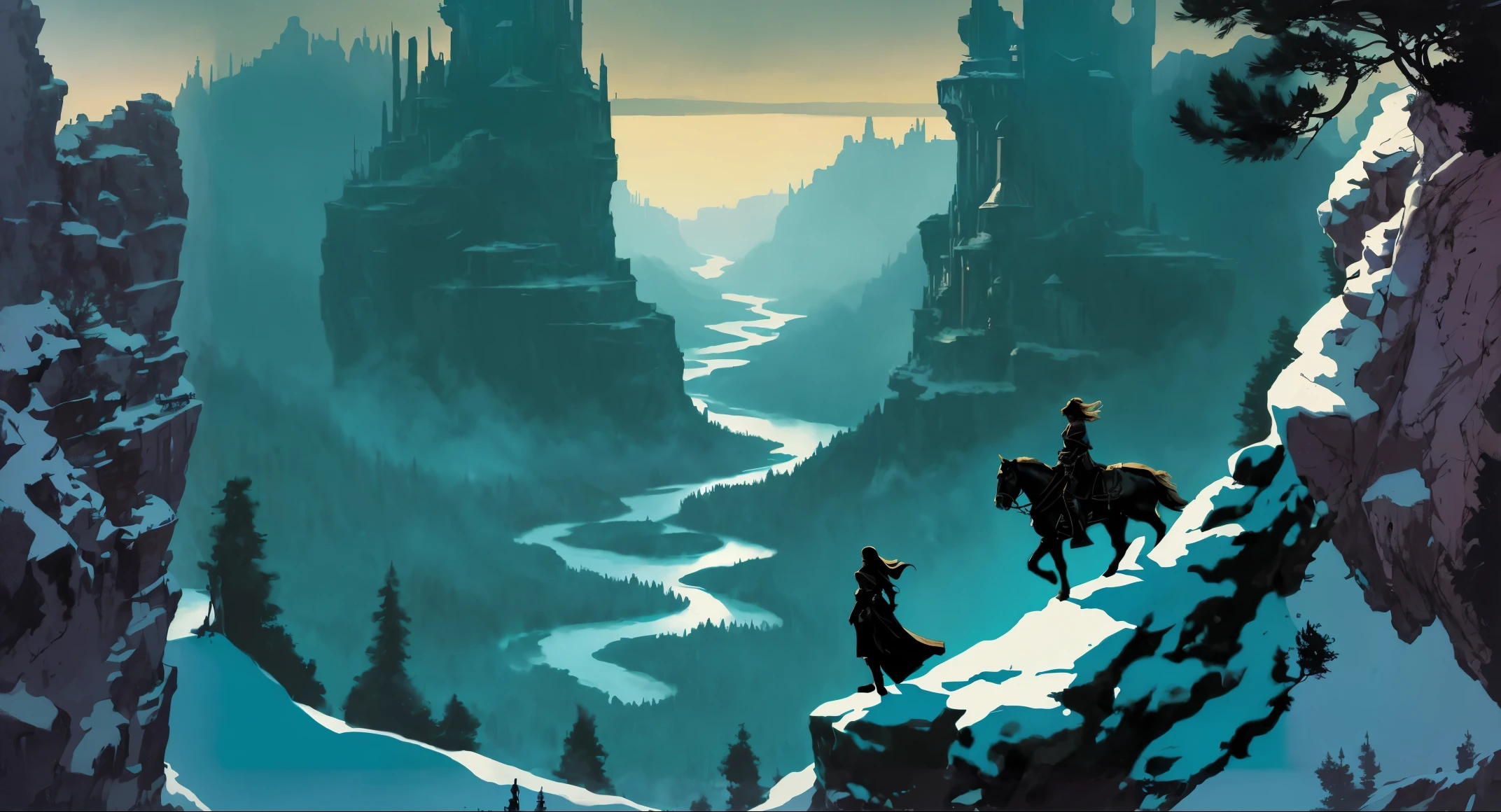 there is a painting of a man riding a horse on a mountain, andreas rocha and john howe, inspired by Raphael Lacoste, martin ansin, epic fantasy novel cover art, style of raphael lacoste, fantasy rpg book illustration, 4k fantasy art, epic graphic novel wallpaper, high fantasy illustration, silvain sarrailh, michael whelan and tomer hanuka