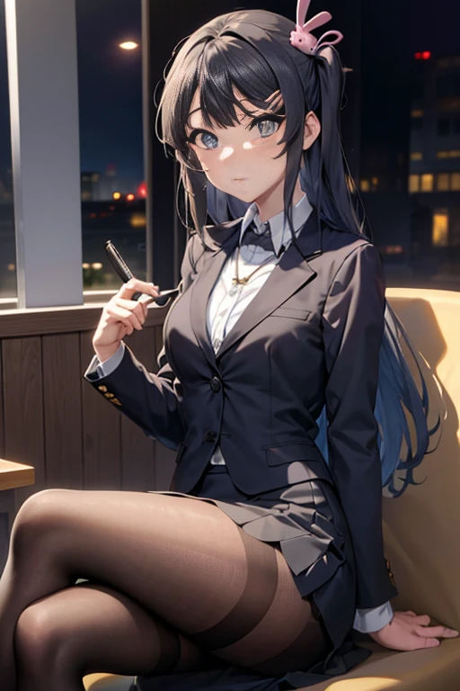 (masutepiece:1.2), Best Quality, High resolution, Maisakurajima, 1girl in, Solo, Long hair, Looking at Viewer, blush, Blue eyes, eye glass， Black hair, Hair Ornament, Closed mouth, , rabbit Hair Ornament,Necklace, Formal, Black jacket, pencil skirts, Skirt suit, Black pantyhose,sitting in a chair with legs crossed，